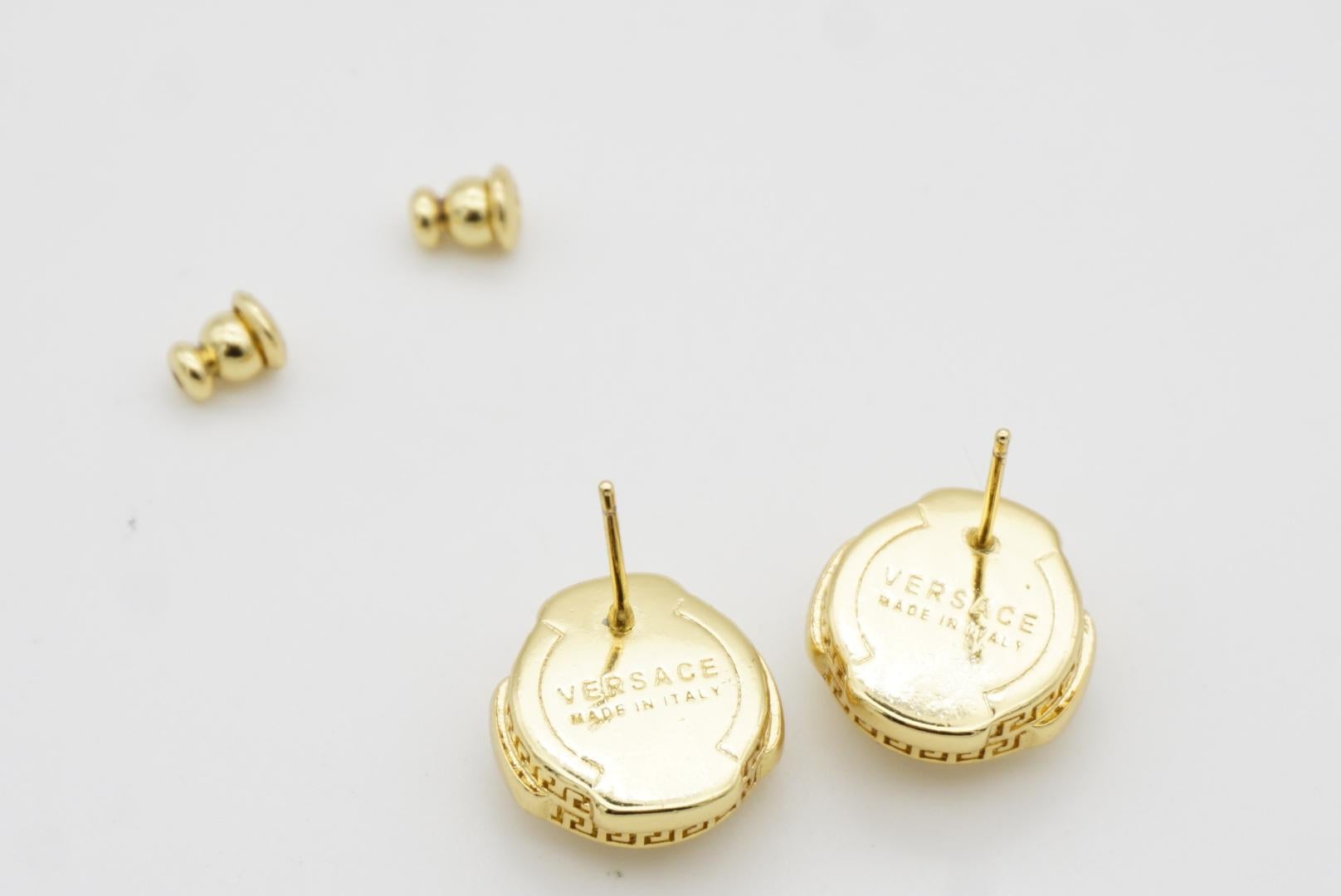 Versace Logo Greek Key Engraved Greca Round Shining Crystal Pierced Earrings For Sale 6