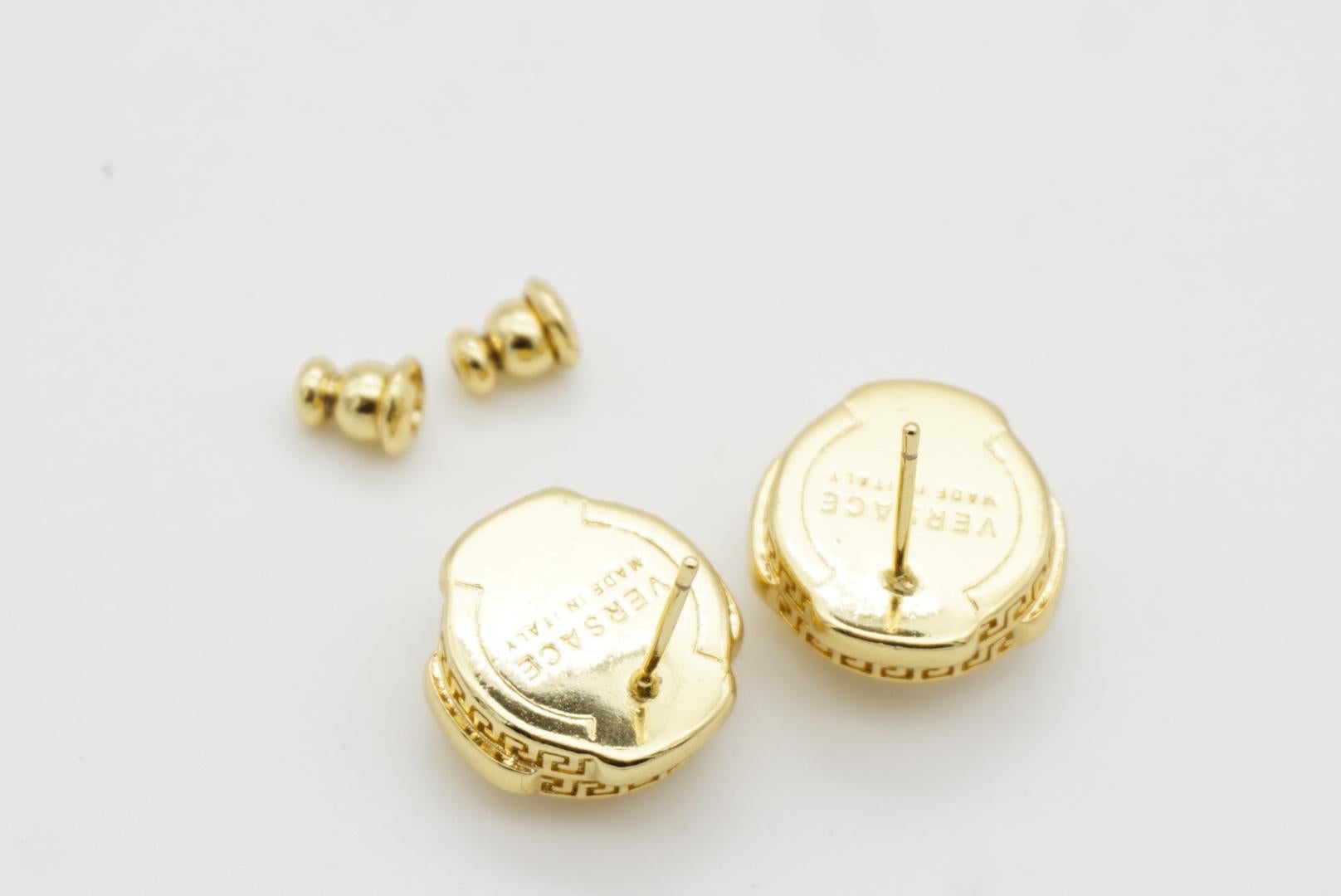 Versace Logo Greek Key Engraved Greca Round Shining Crystal Pierced Earrings For Sale 7
