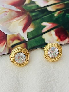 Versace Logo Greek Key Engraved Greca Round Shining Crystal Pierced Earrings