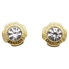 Versace Logo Greek Key Engraved Greca Round Shining Crystal Pierced Earrings