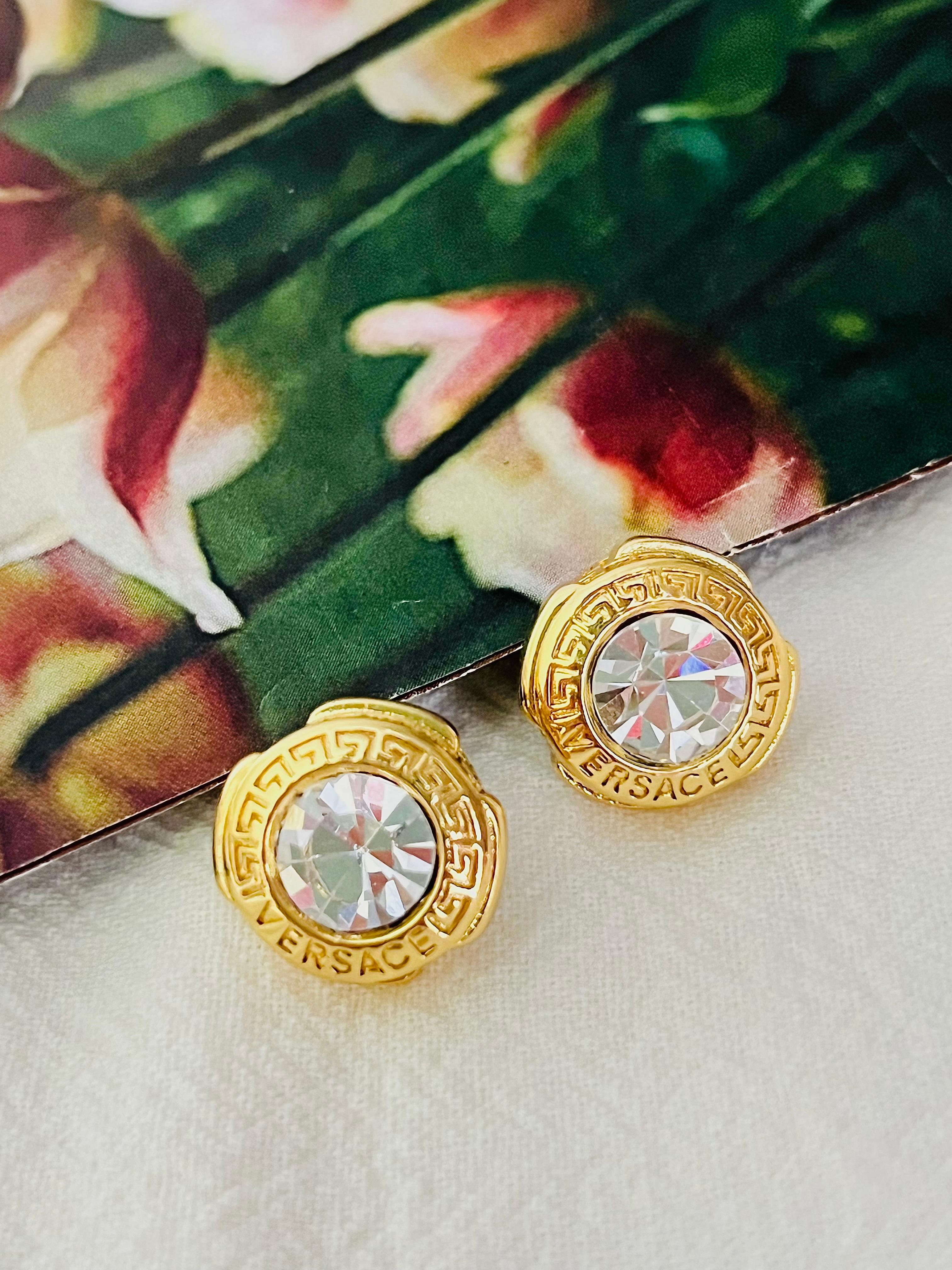 Versace Logo Greek Key Engraved Greca Round Shining Crystal Pierced Earrings In Excellent Condition For Sale In Wokingham, England