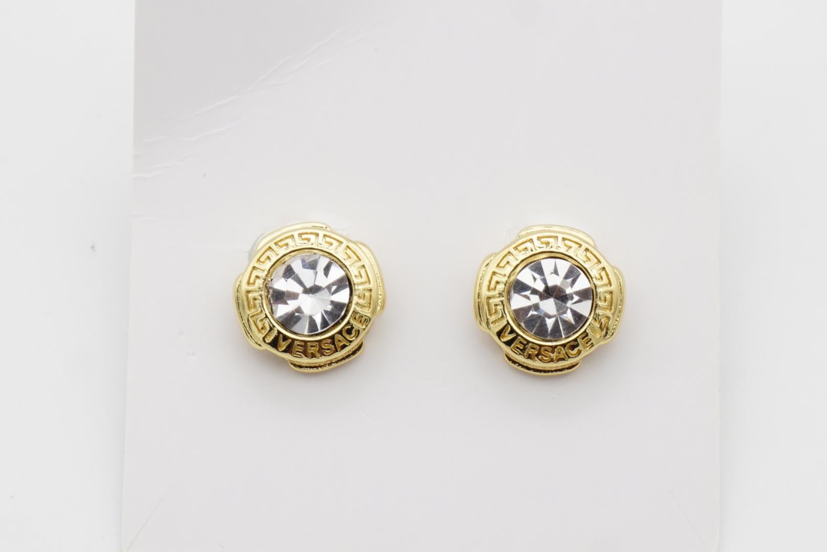 Versace Logo Greek Key Engraved Greca Round Shining Crystal Pierced Earrings For Sale 2