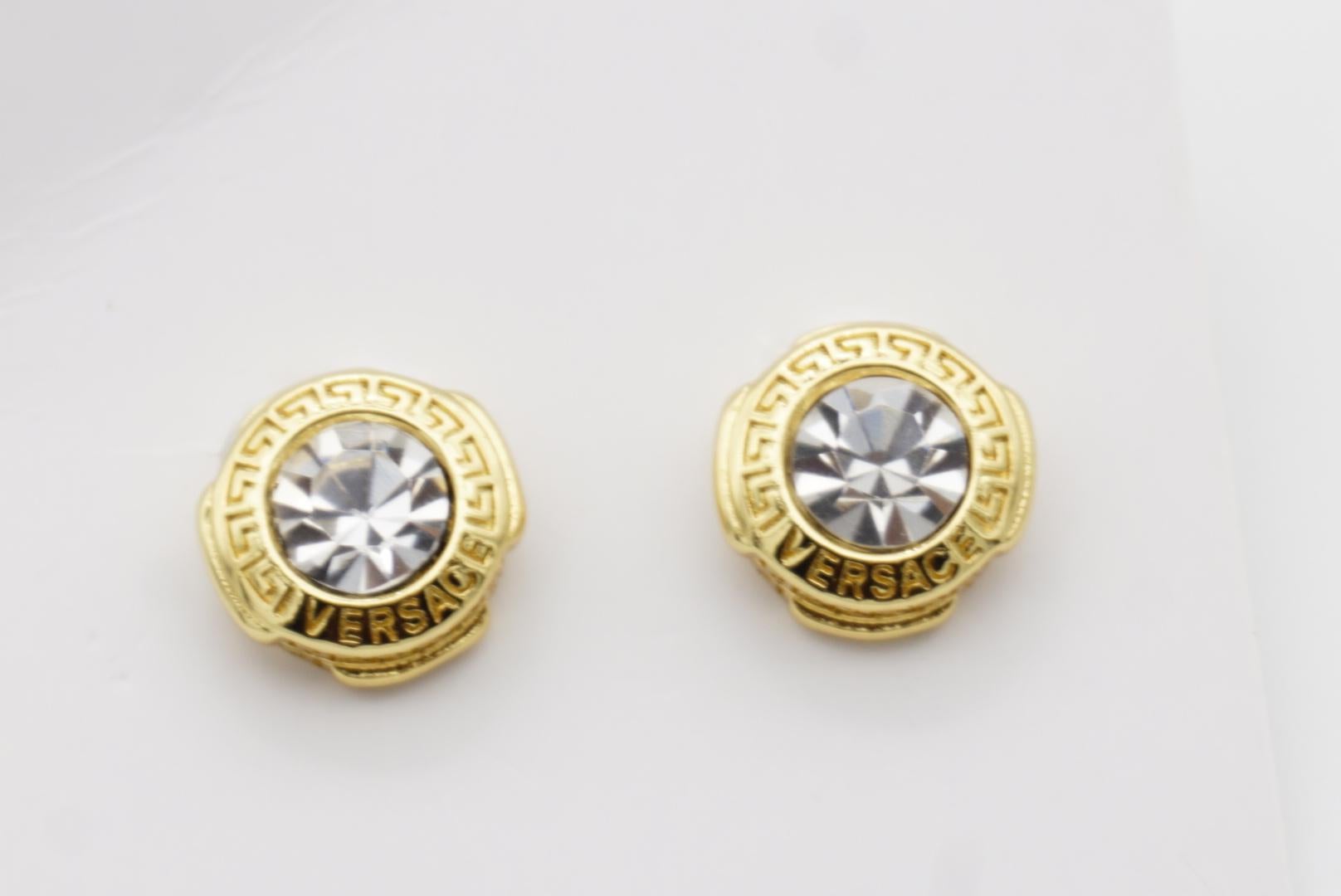 Versace Logo Greek Key Engraved Greca Round Shining Crystal Pierced Earrings For Sale 3