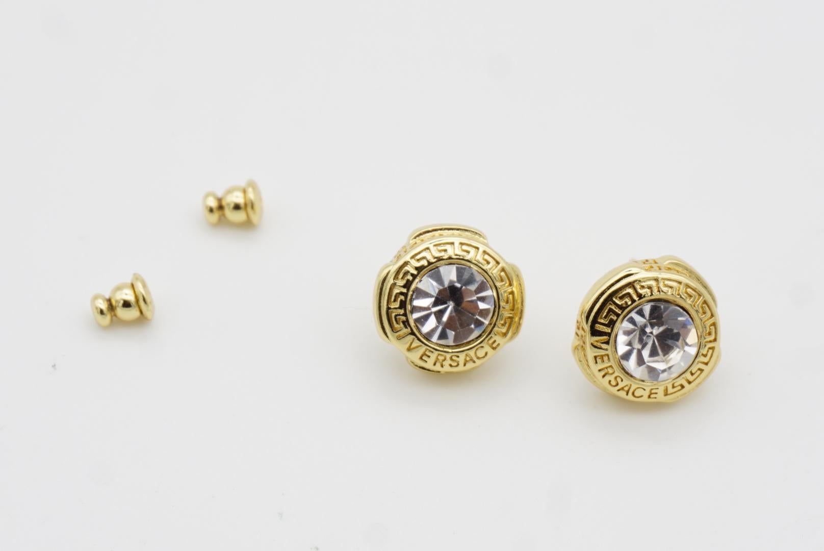 Versace Logo Greek Key Engraved Greca Round Shining Crystal Pierced Earrings For Sale 4