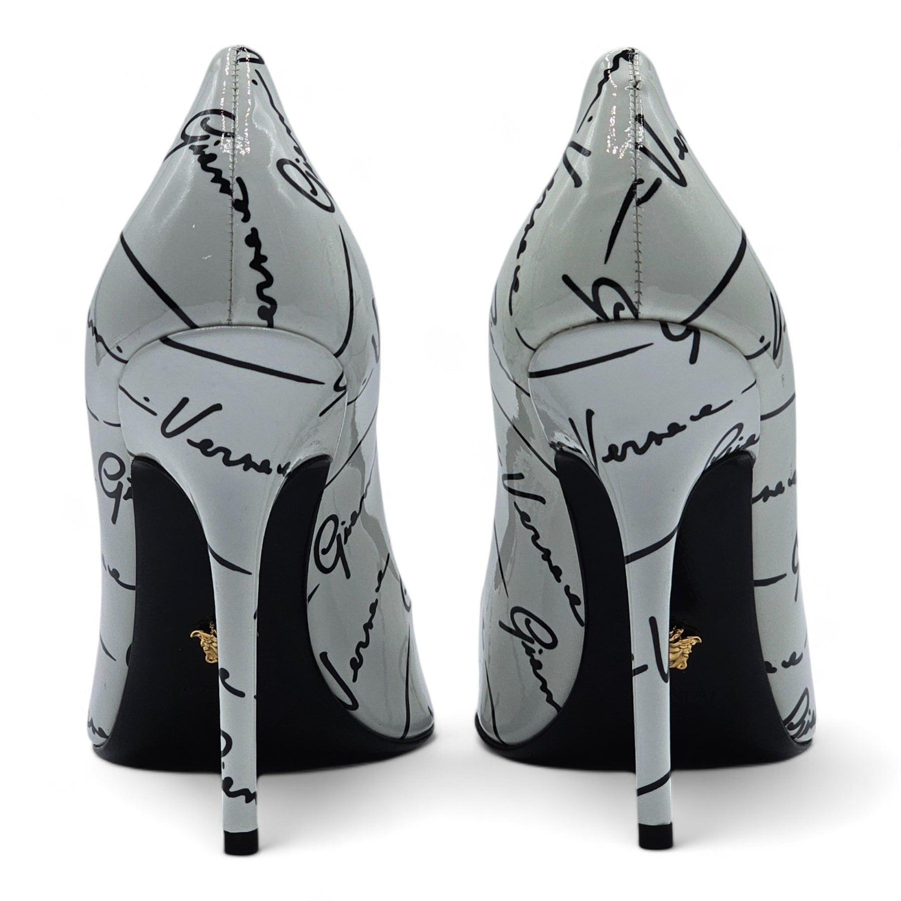 Gray Versace Logo Signature Pumps Patent Leather in White For Sale