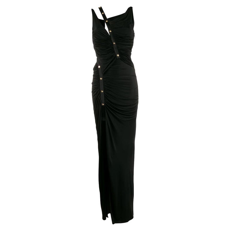 Versace Long Asymmetric Ruched Black Pin Up Gown / Evening Dress Size 38 at 1stDibs
