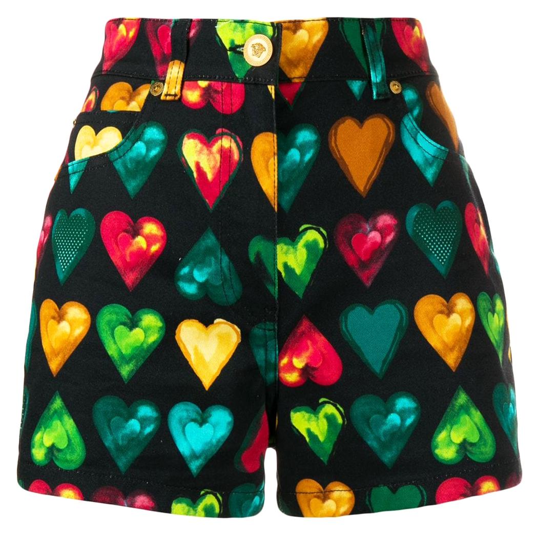 Versace "Love Versace" Multicolored Hearts Print Denim High Waisted Shorts SZ 26 For Sale