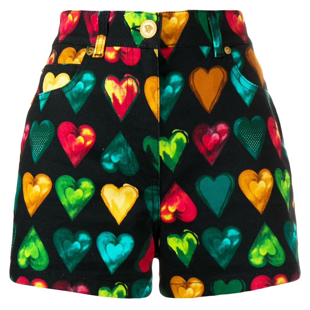 Versace "Love Versace" Multicolored Hearts Print Denim High Waisted Shorts SZ 27