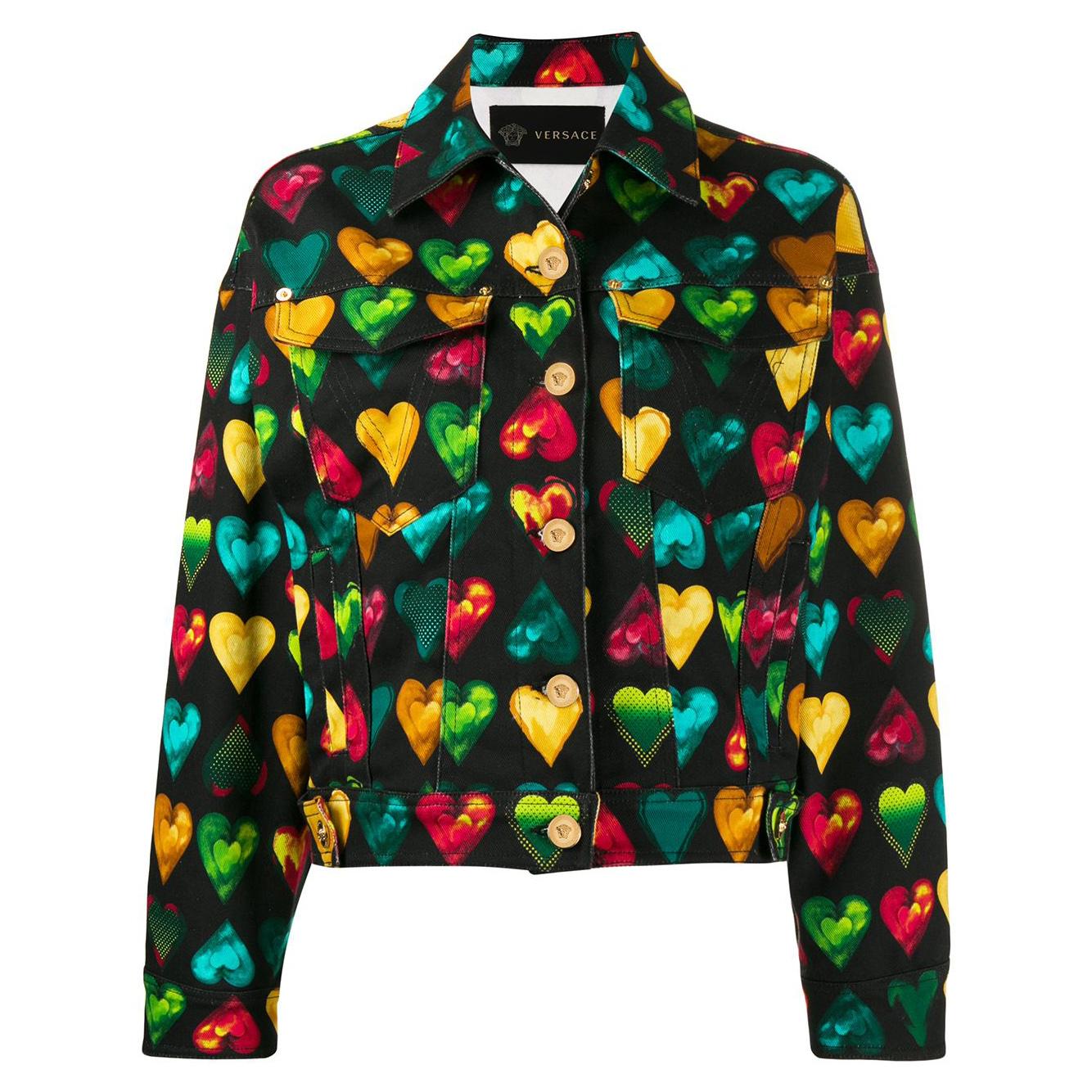 Versace "Love Versace" Multicolored Hearts Print Denim Jacket Size 40