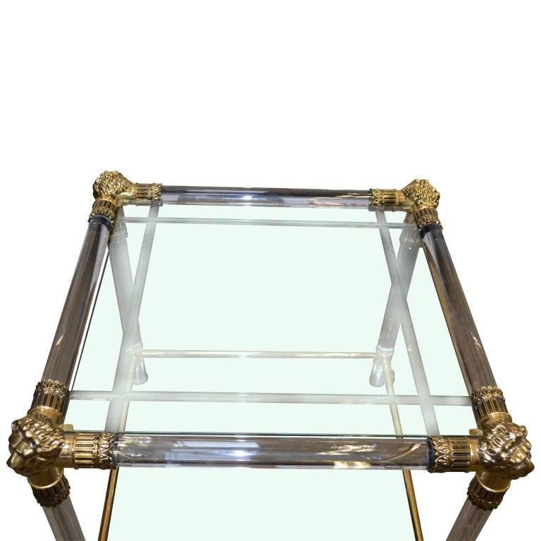 Modern Versace Lucite and Glass Top Side Table with Lion Heads and Feet of Brass