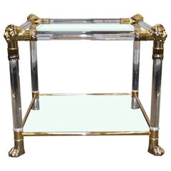 Versace Lucite and Glass Top Side Table with Lion Heads and Feet of Brass
