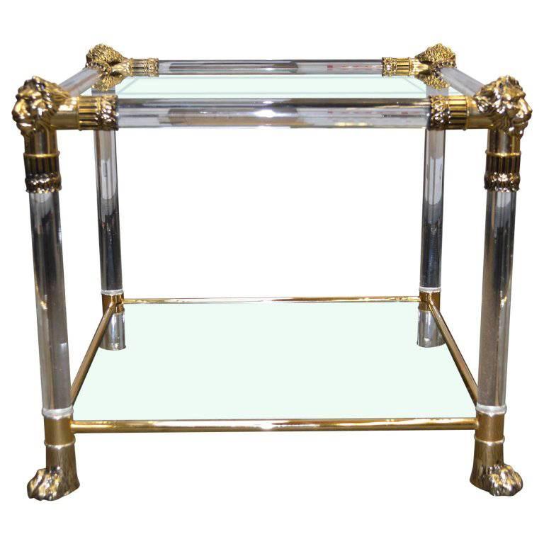 Versace Lucite and Glass Top Side Table with Lion Heads and Feet of
