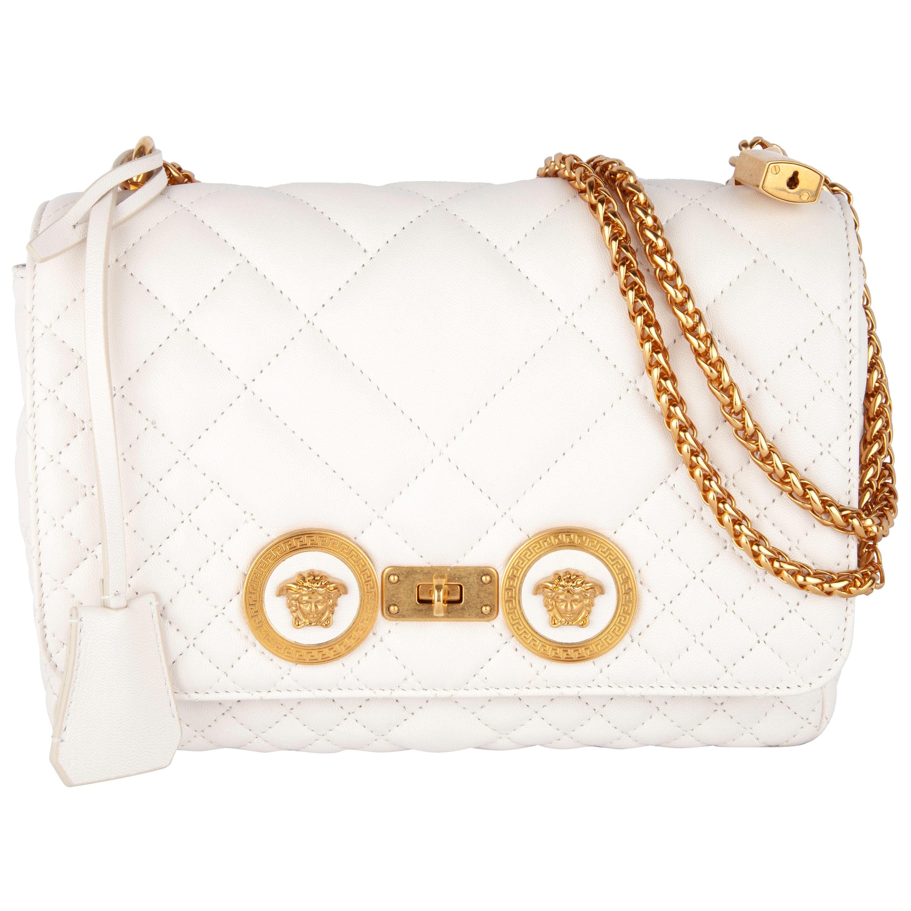 Versace Medium White Quilted Leather Icon Shoulder Bag W/ Gold Tone Metal Chain 