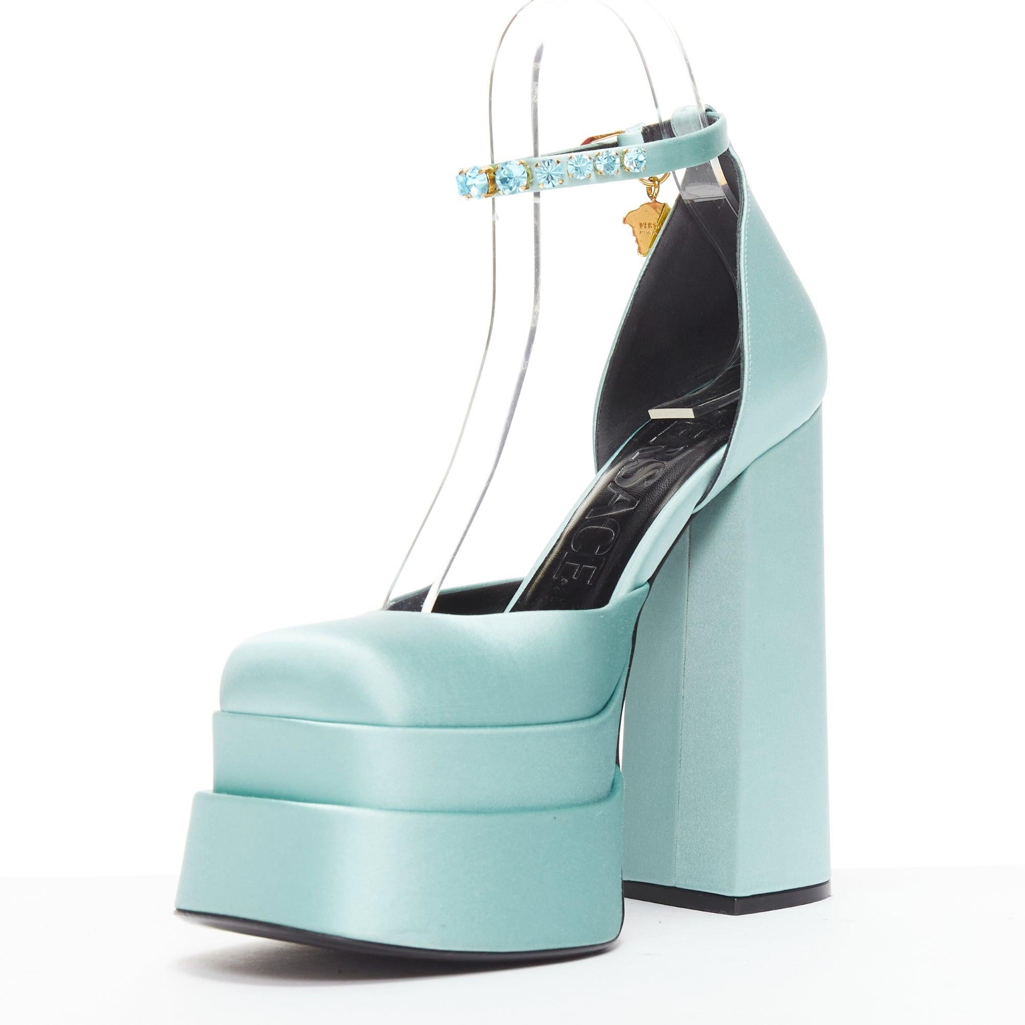 Women's VERSACE Medusa Aevitas sky blue satin Medusa charm platform heels 37.5 For Sale