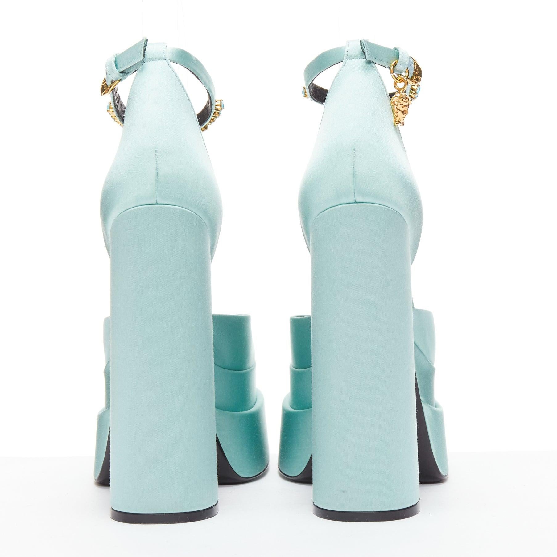Women's VERSACE Medusa Aevitas sky blue satin Medusa charm platform heels 37.5 For Sale