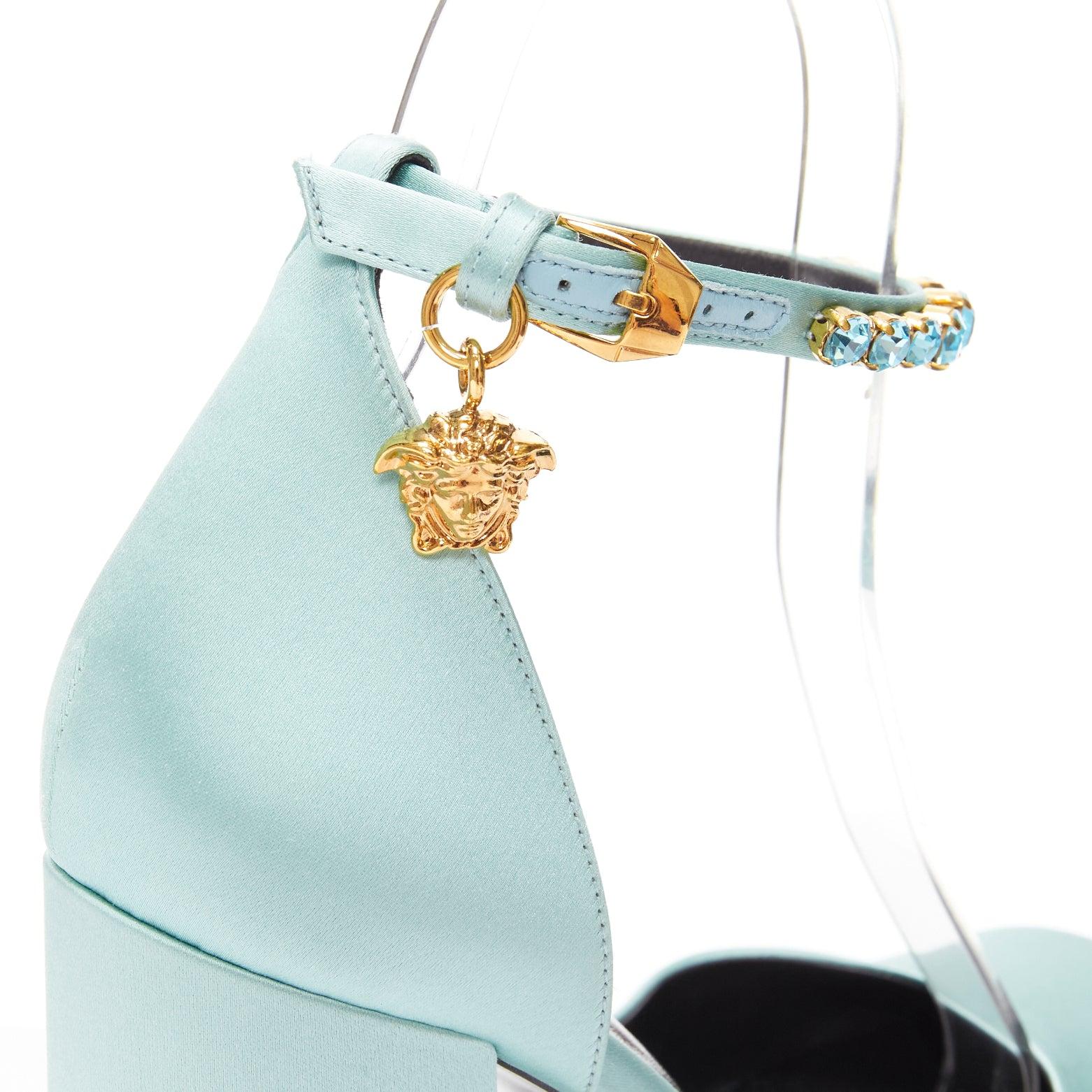 VERSACE Medusa Aevitas sky blue satin Medusa charm platform heels 37.5 For Sale 2