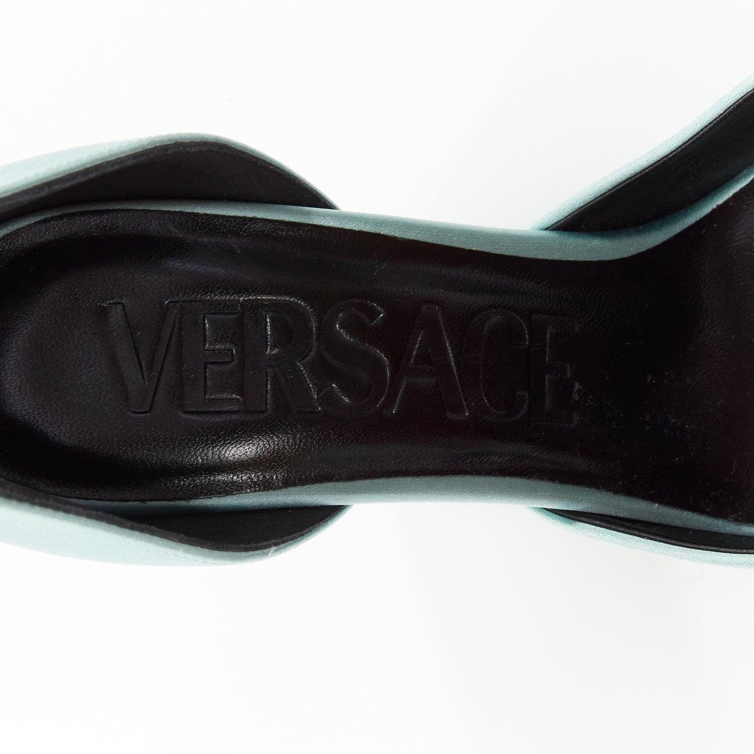 VERSACE Medusa Aevitas sky blue satin Medusa charm platform heels 37.5 For Sale 4