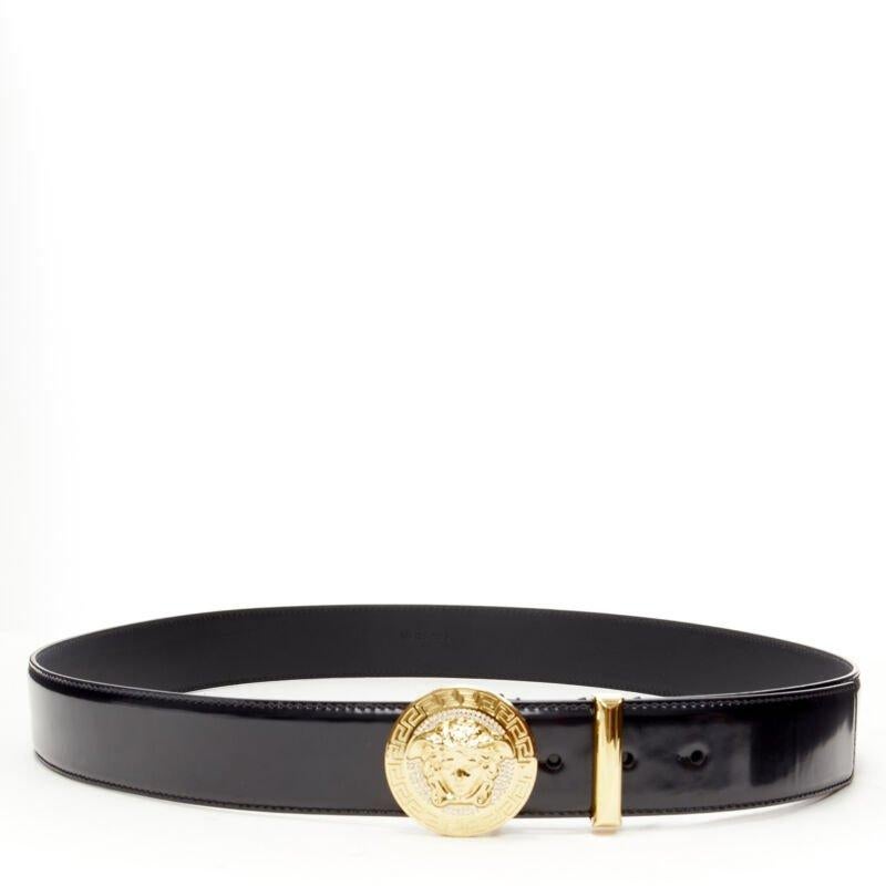 Black VERSACE Medusa Biggie crystal gold Medallion coin leather belt 80cm 30-34