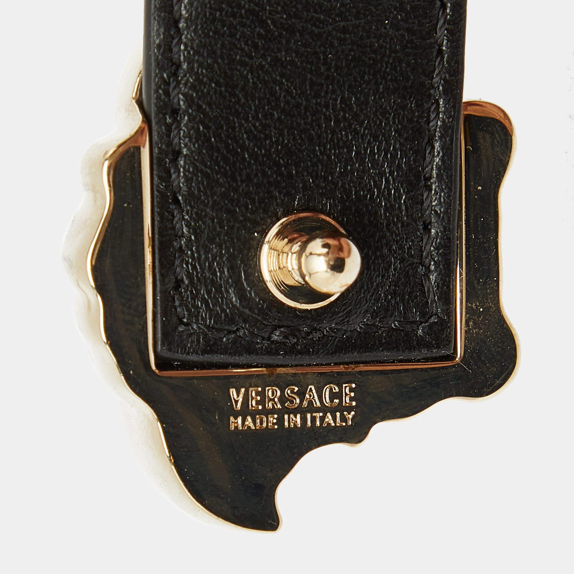 Versace Medusa Black Leather Gold Tone Bracelet In Excellent Condition For Sale In Dubai, Al Qouz 2