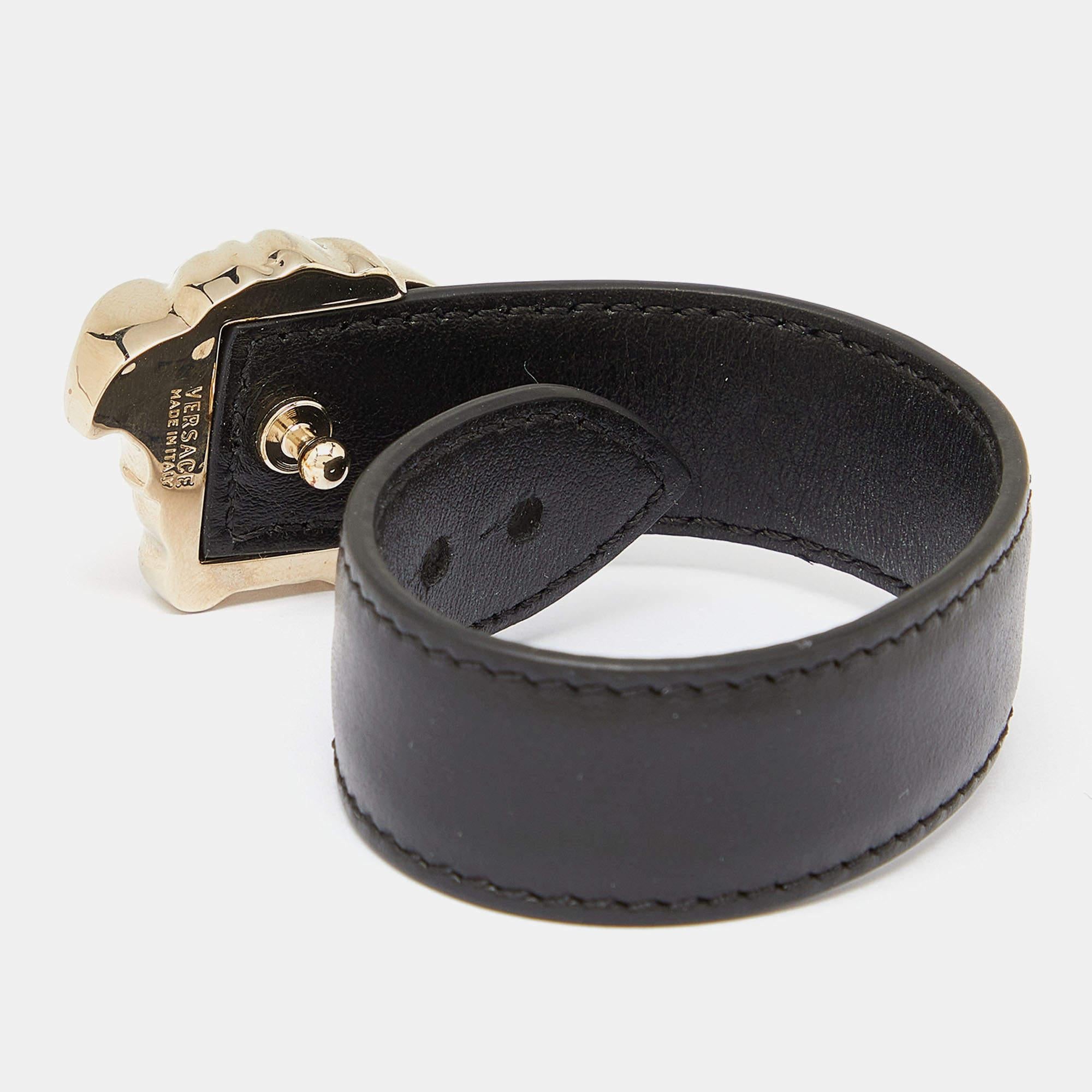Women's Versace Medusa Black Leather Gold Tone Bracelet For Sale