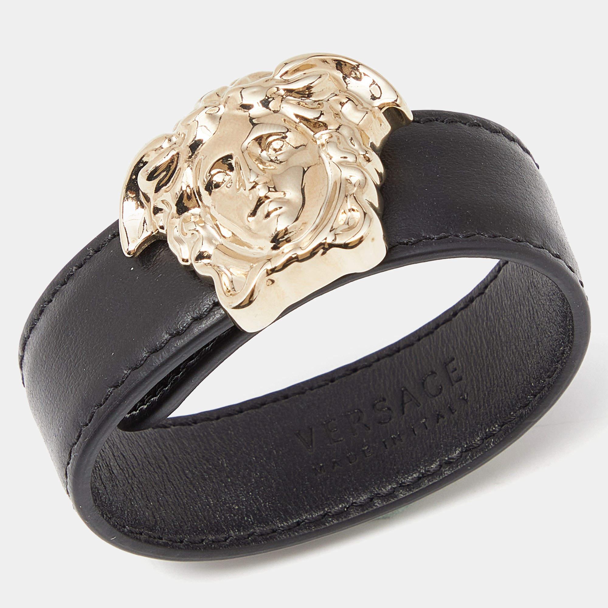 Versace Medusa Black Leather Gold Tone Bracelet For Sale 2