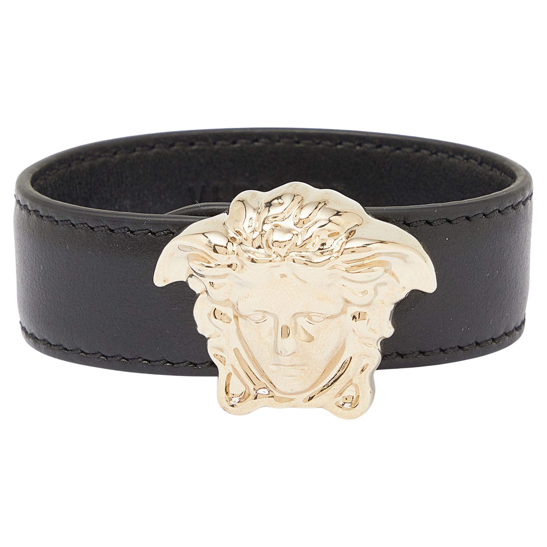 Versace Medusa Black Leather Gold Tone Bracelet For Sale