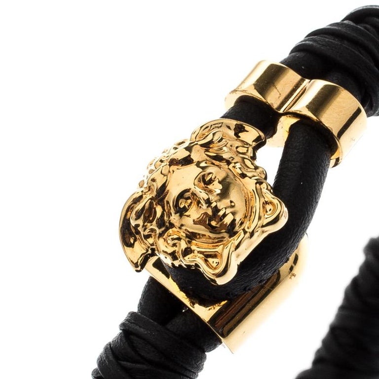 Versace Medusa Black Woven Leather Gold Tone Bracelet For Sale at 1stDibs