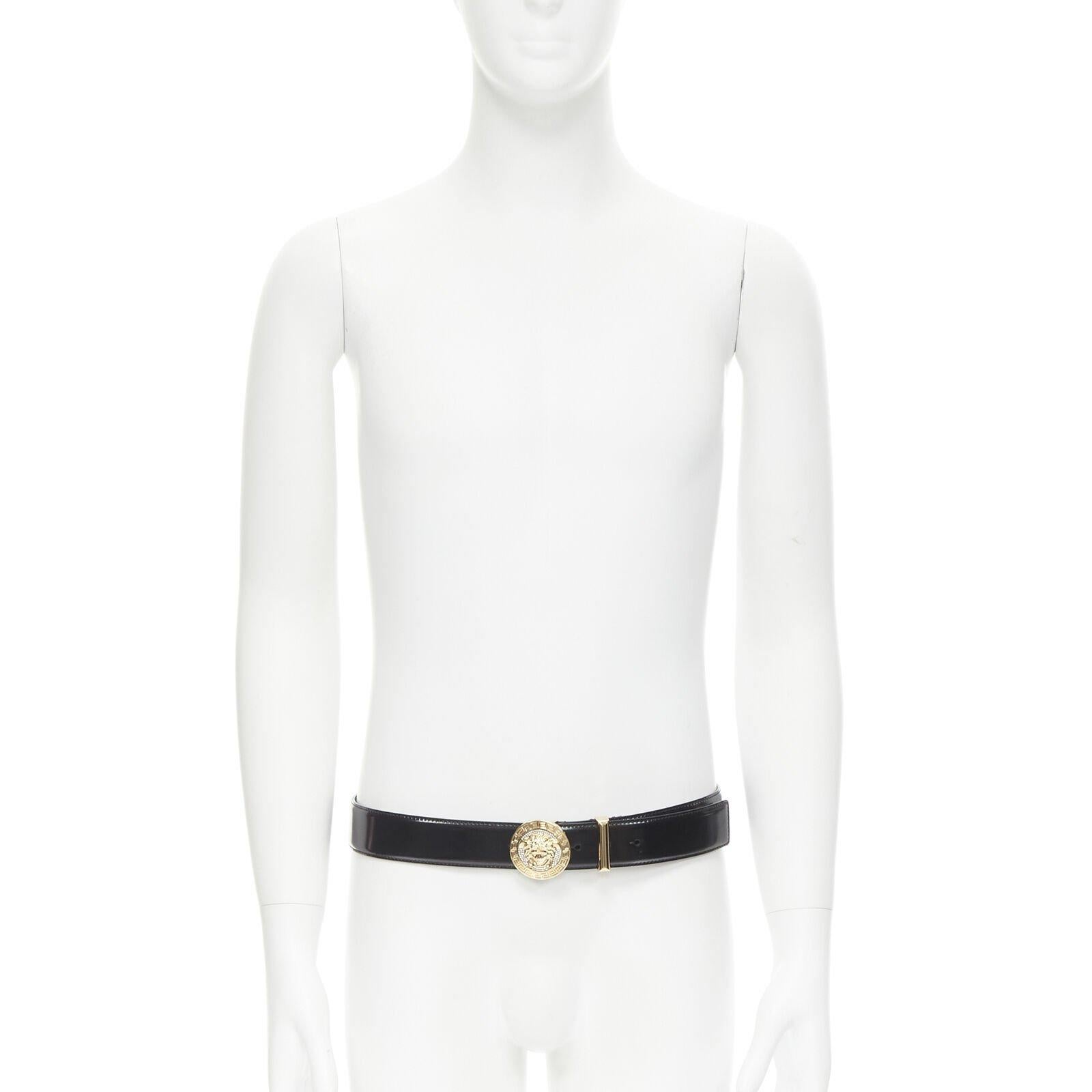 VERSACE Medusa  crystal gold Medallion coin black leather belt 100cm 38-42