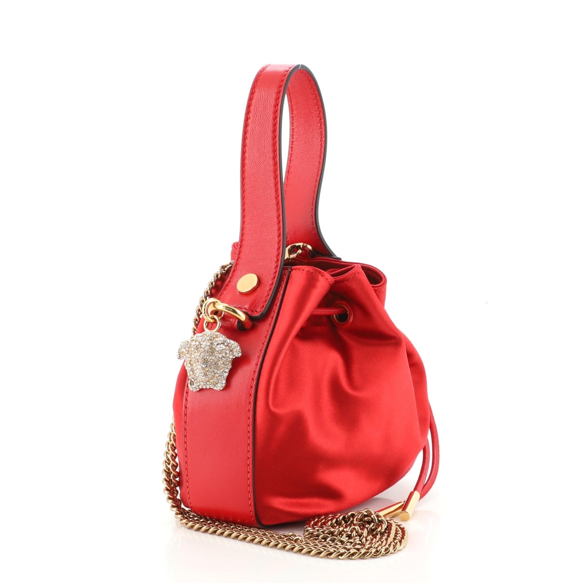 Red Versace Medusa Drawstring Bucket Bag Satin with Crystals Mini
