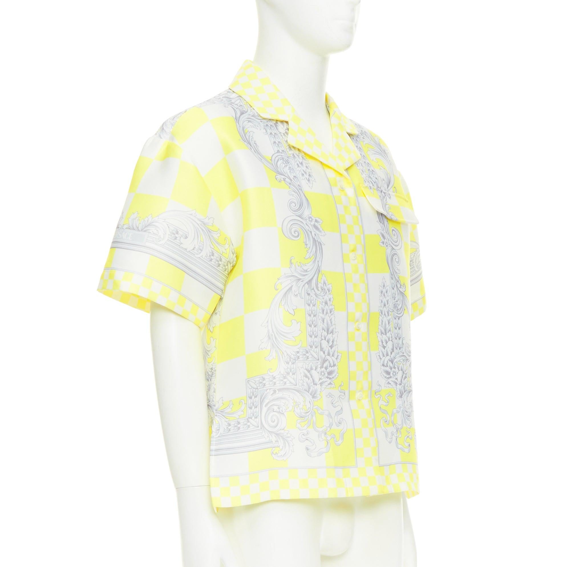 White VERSACE Medusa E Barocco yellow cream checker baroque print boxy shirt EU38 S