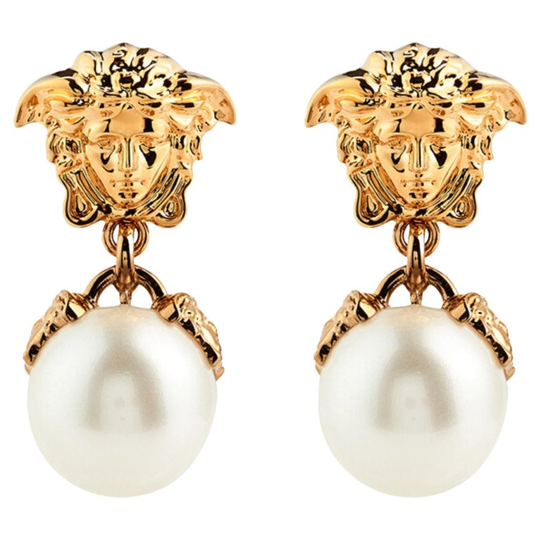 Versace Medusa Faux Pearl Drop Earrings Metallic For Sale at 1stDibs | versace  pearl earrings, versace medusa drop earrings, versace earrings sale