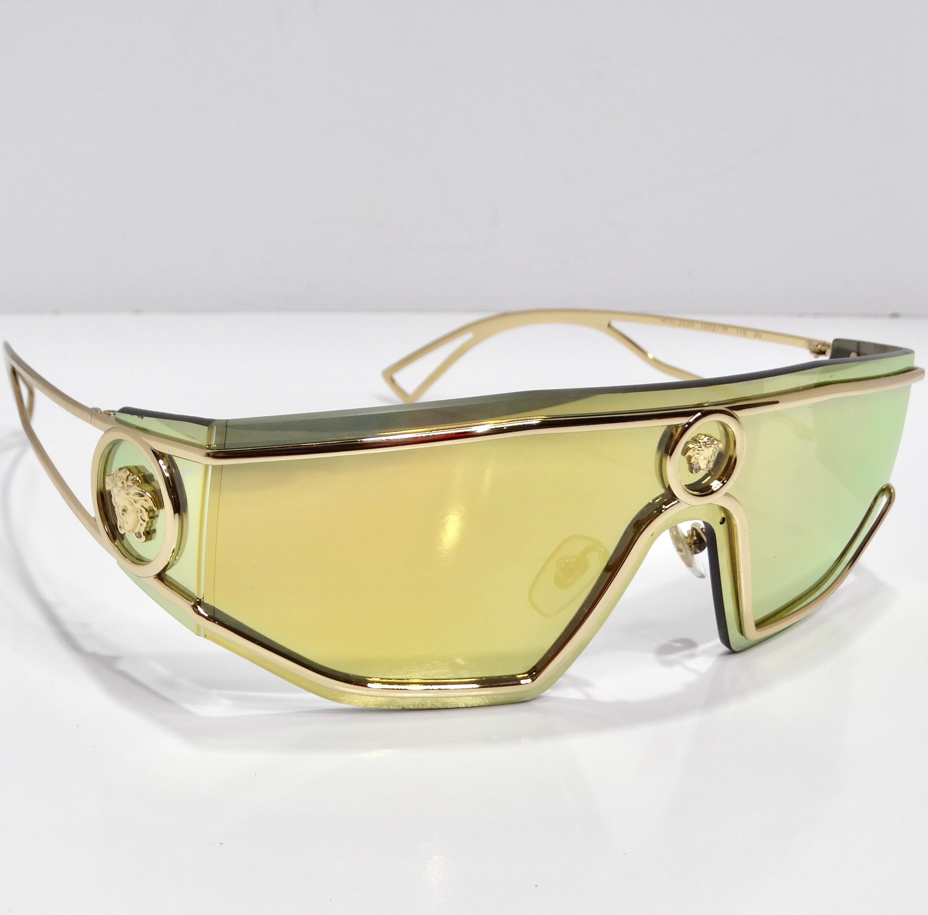 Versace Medusa Gold Tone Mirrored Shield Sunglasses In Good Condition In Scottsdale, AZ
