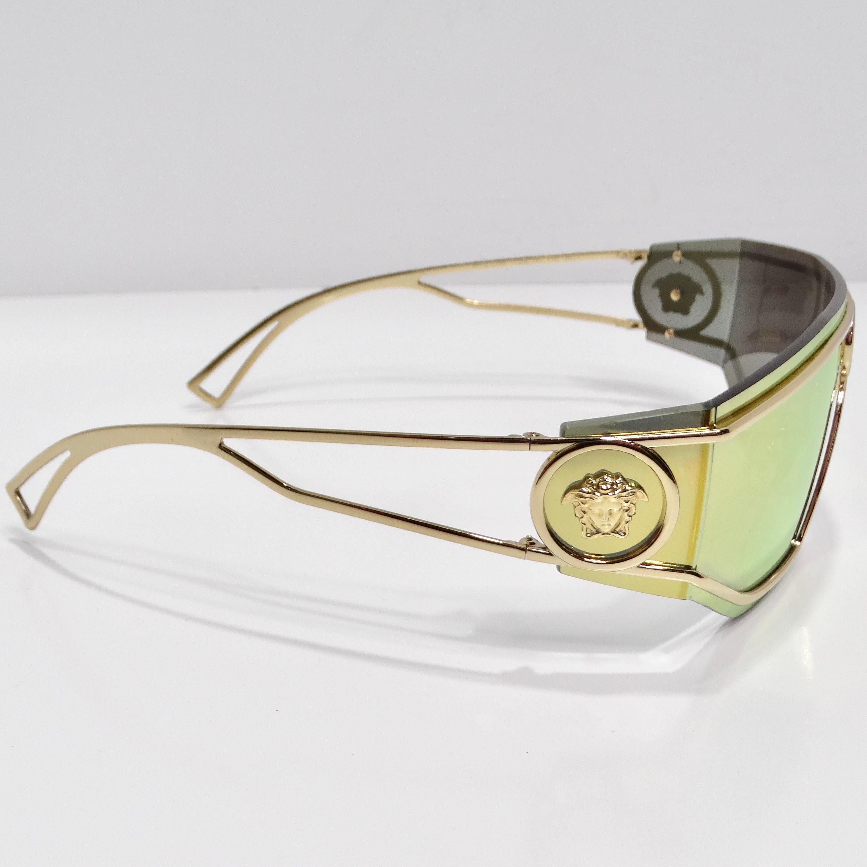 Women's or Men's Versace Medusa Gold Tone Mirrored Shield Sunglasses For Sale