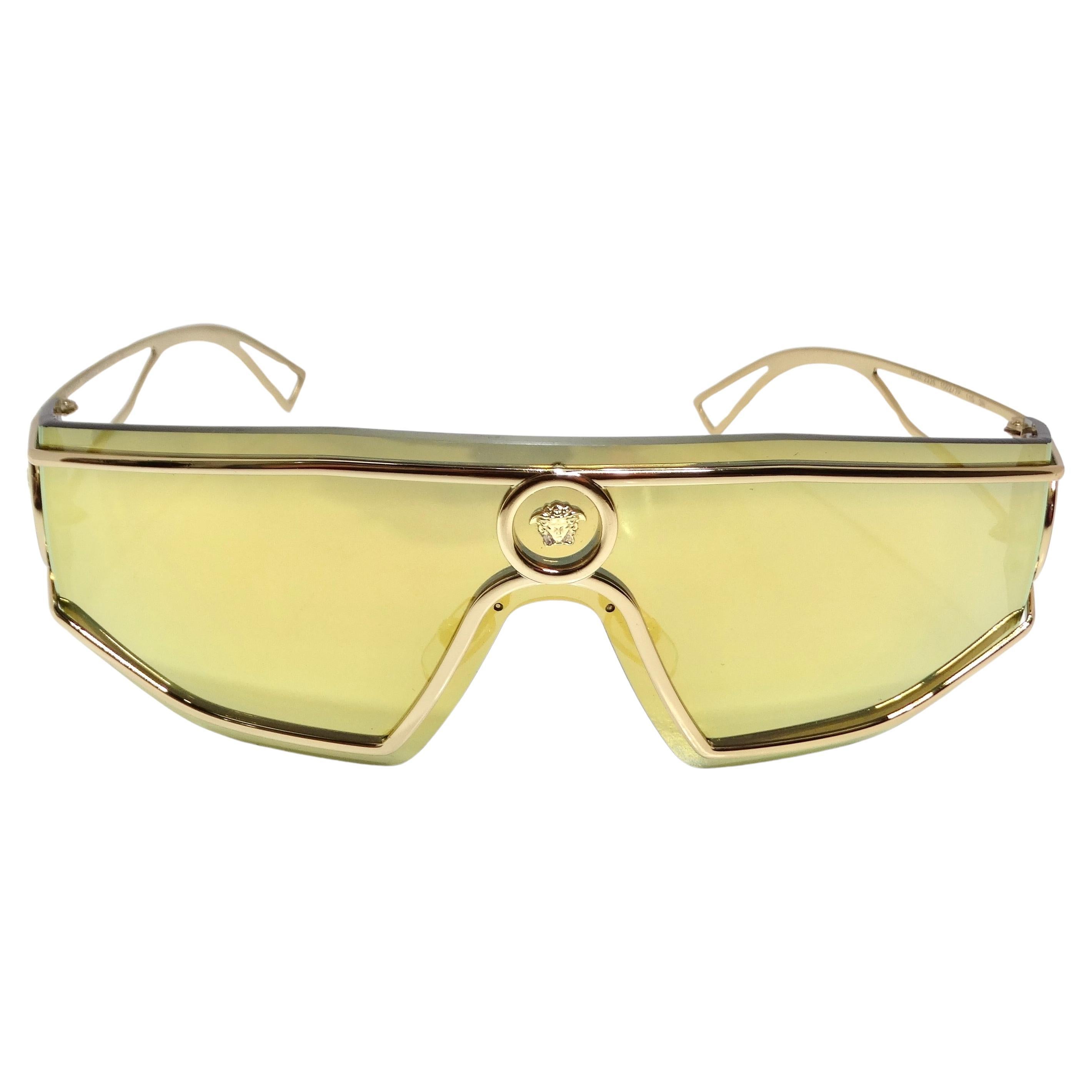 Versace Medusa Gold Tone Mirrored Shield Sunglasses For Sale