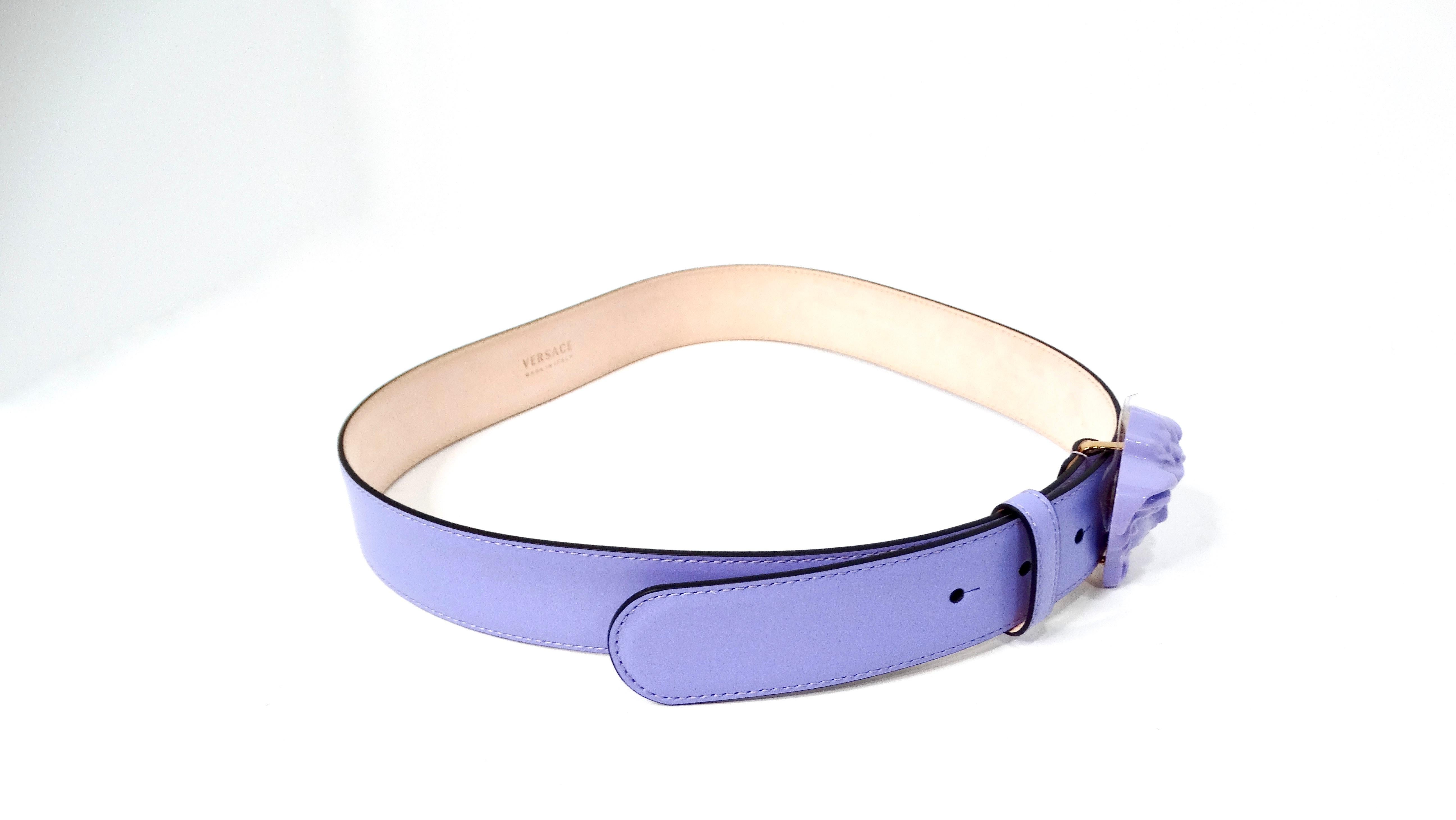 The Versace Medusa Light Purple Monochrome Leather Belt epitomizes luxury and contemporary style. Crafted from high-quality leather, this belt features a striking light purple hue that adds a fresh twist to any outfit. The iconic Medusa head emblem,