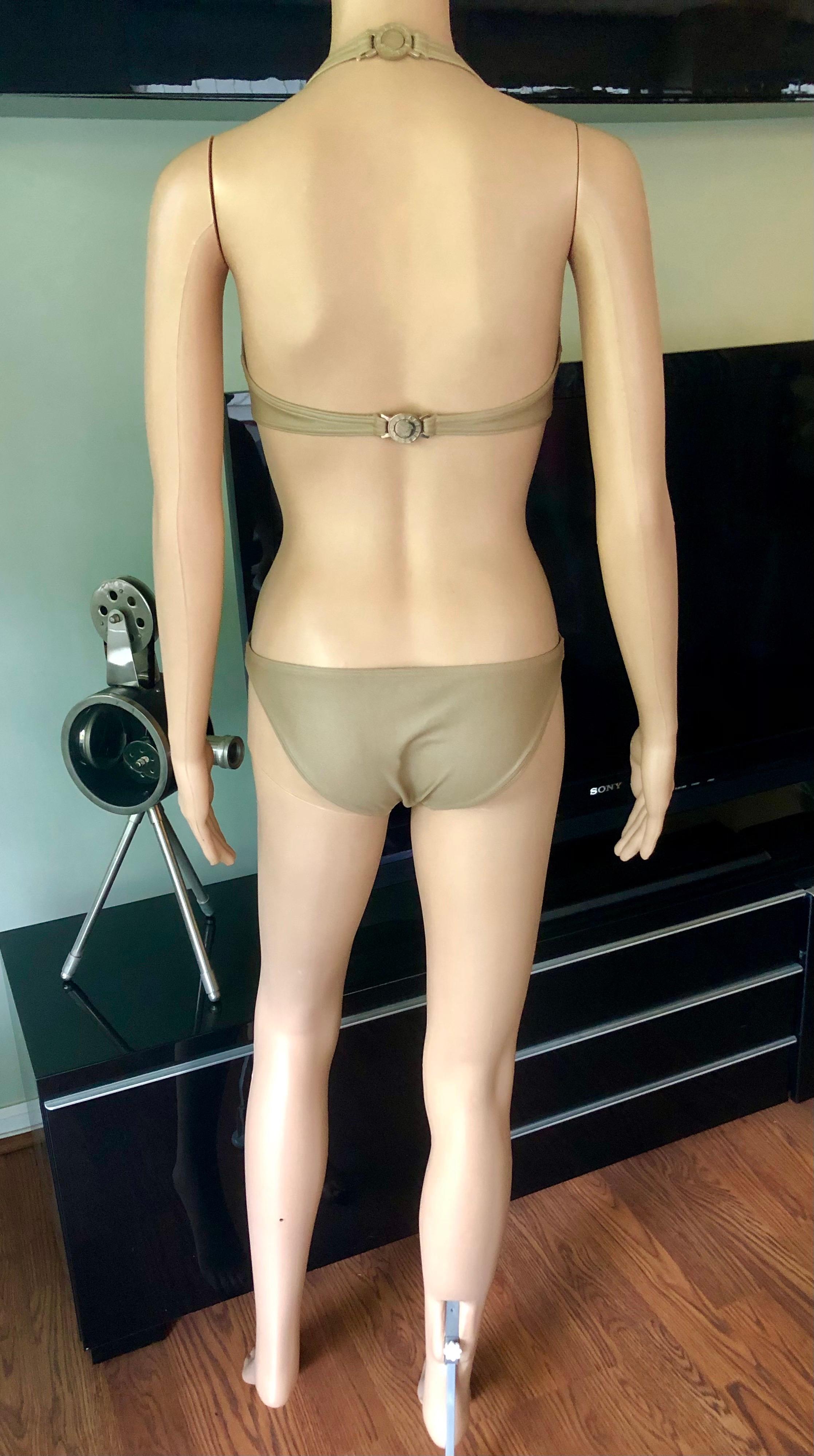 Versace Medusa Logo Cutout Plunging Open Back Gold Metallic Swimwear Swimsuit In Excellent Condition For Sale In Naples, FL