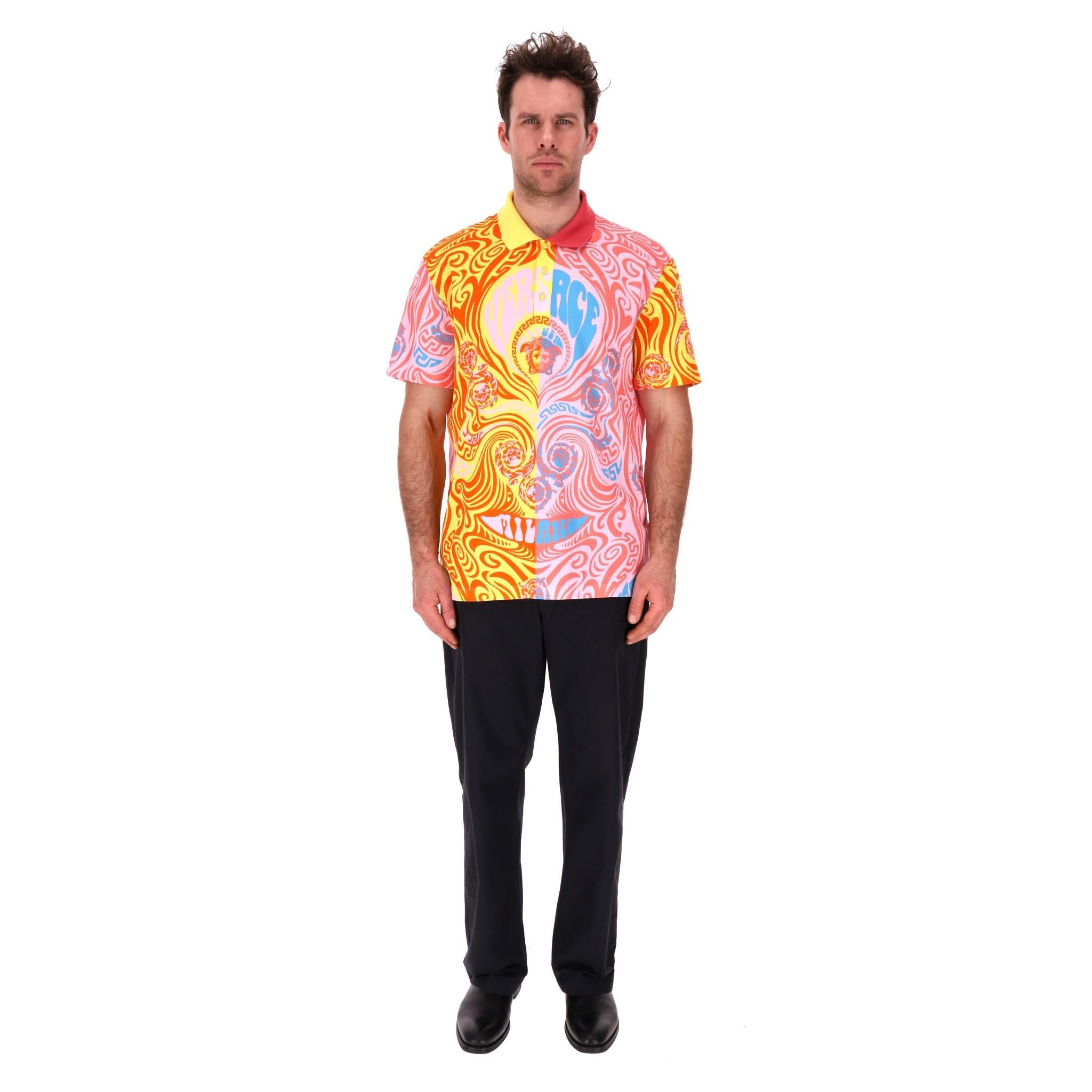 Versace Medusa Music & Greca Print Cotton Polo T-Shirt. Size 2XL

Multicoloured polo top crafted from cotton and designed with the brand's signature all-over prints such as iconic Medusa Music print - a '70s-inspired pattern that references music