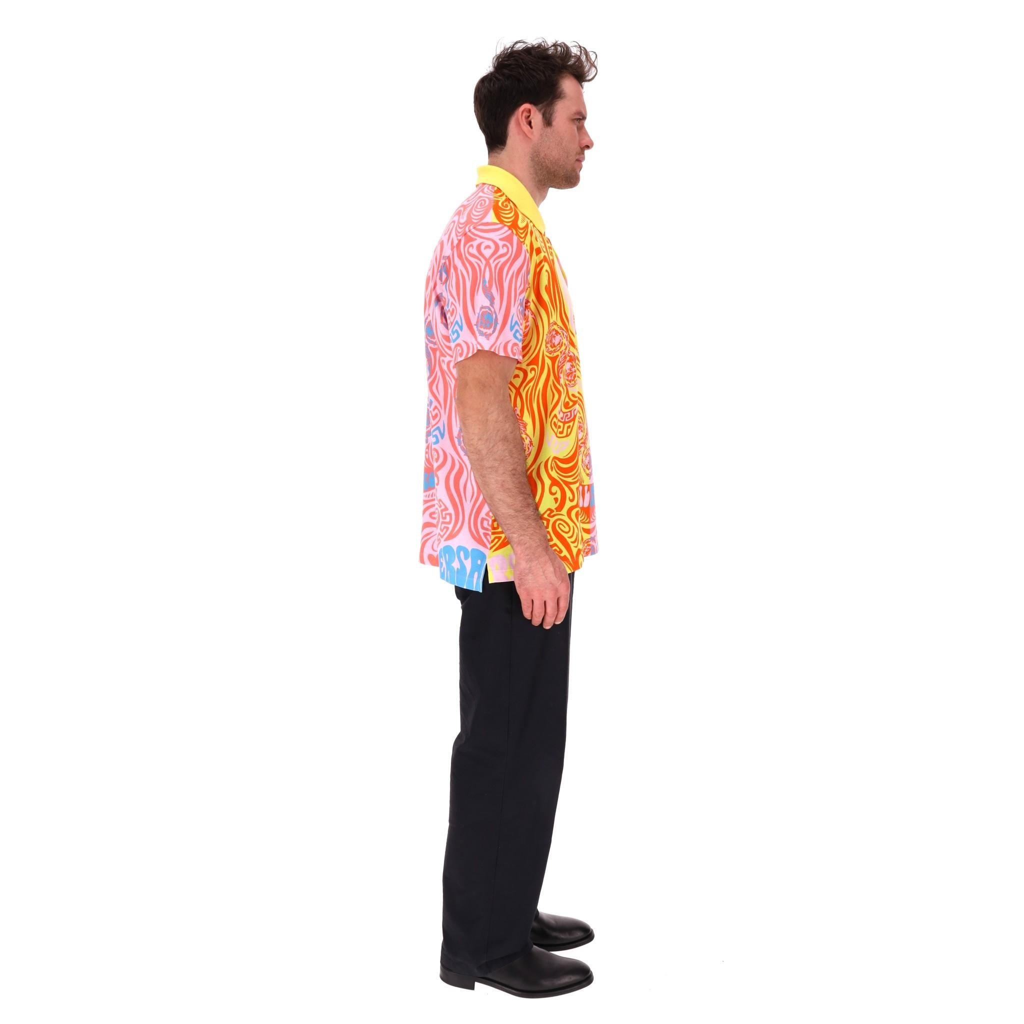 Orange Versace Medusa Music & Greca Print Cotton Polo T-Shirt. Size 2XL