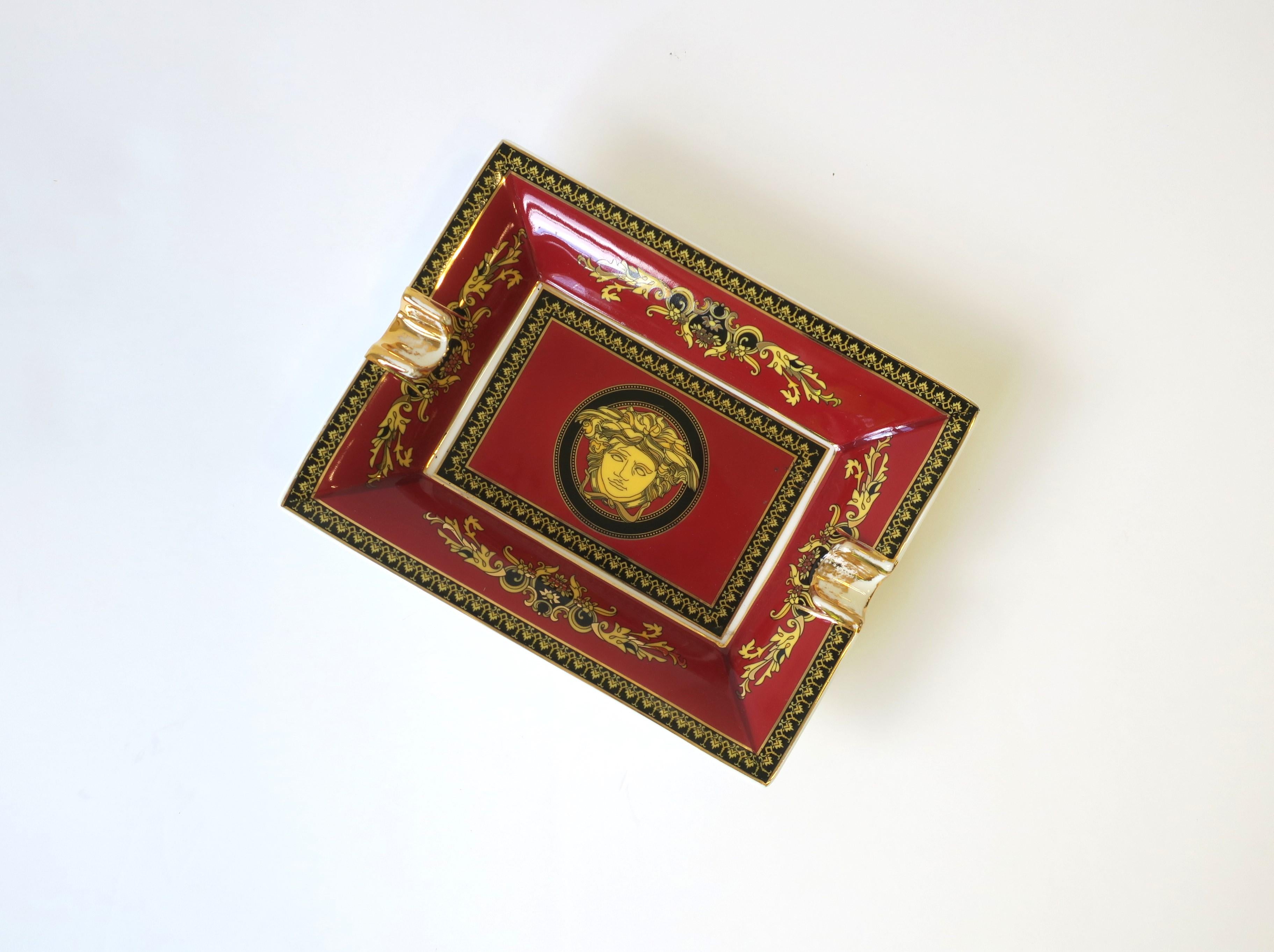 Greco Roman Versace Medusa Porcelain Catchall Tray Dish or Ashtray in Red Burgundy & Gold