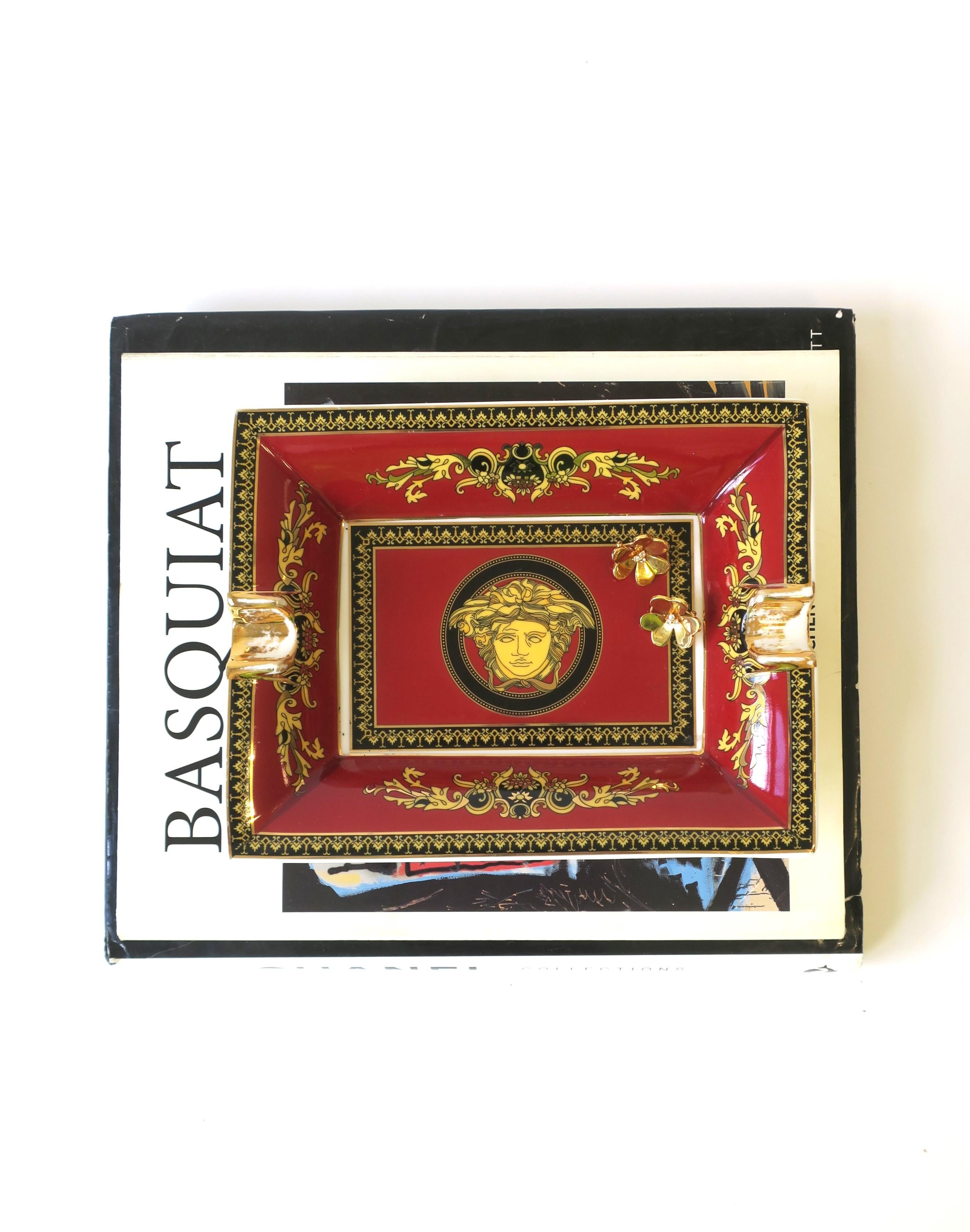 German Versace Medusa Porcelain Catchall Tray Dish or Ashtray in Red Burgundy & Gold