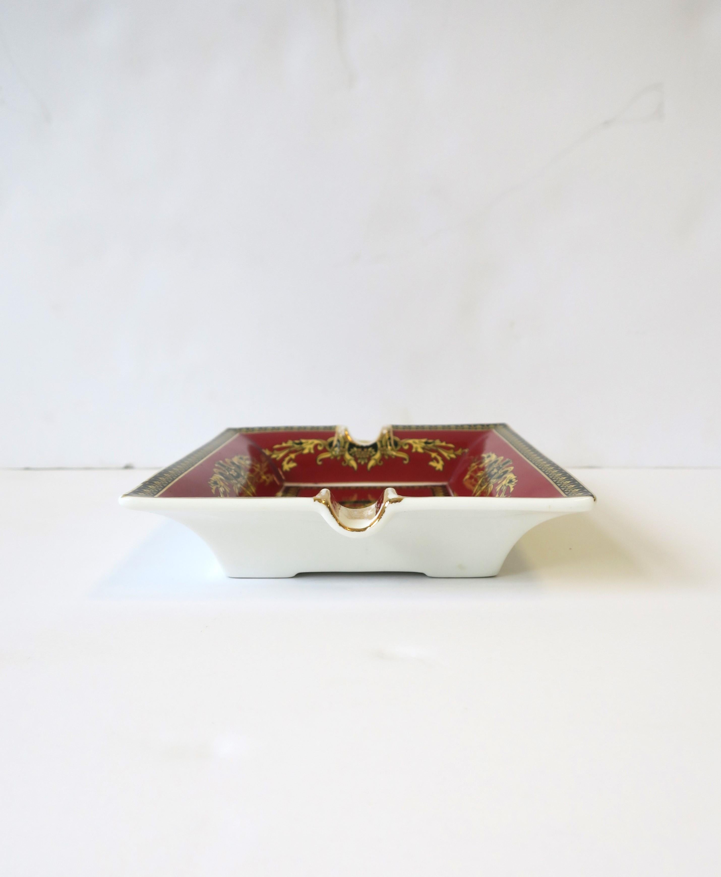 20th Century Versace Medusa Porcelain Catchall Tray Dish or Ashtray in Red Burgundy & Gold