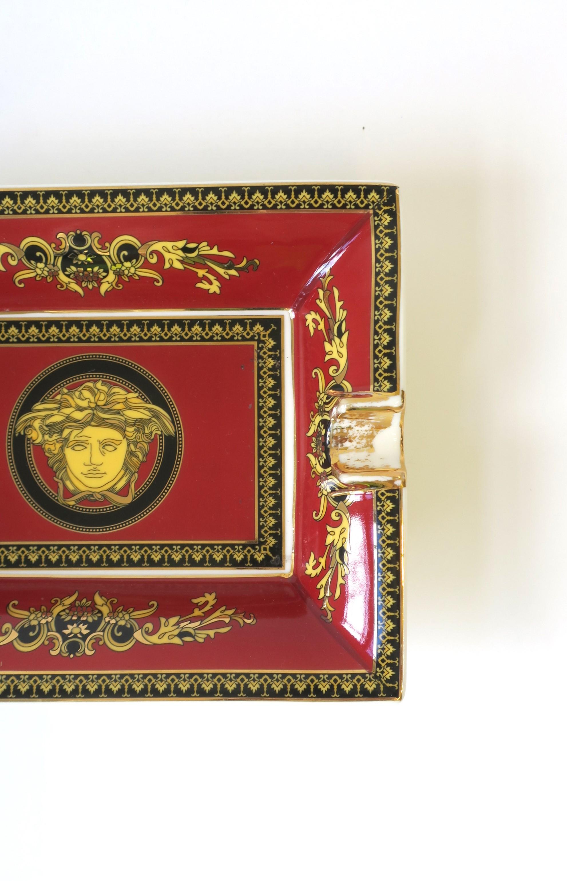 Versace Medusa Porcelain Catchall Tray Dish or Ashtray in Red Burgundy & Gold 1