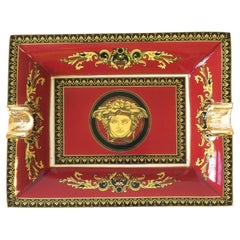 Versace Medusa Porcelain Catchall Tray Dish or Ashtray in Red Burgundy & Gold