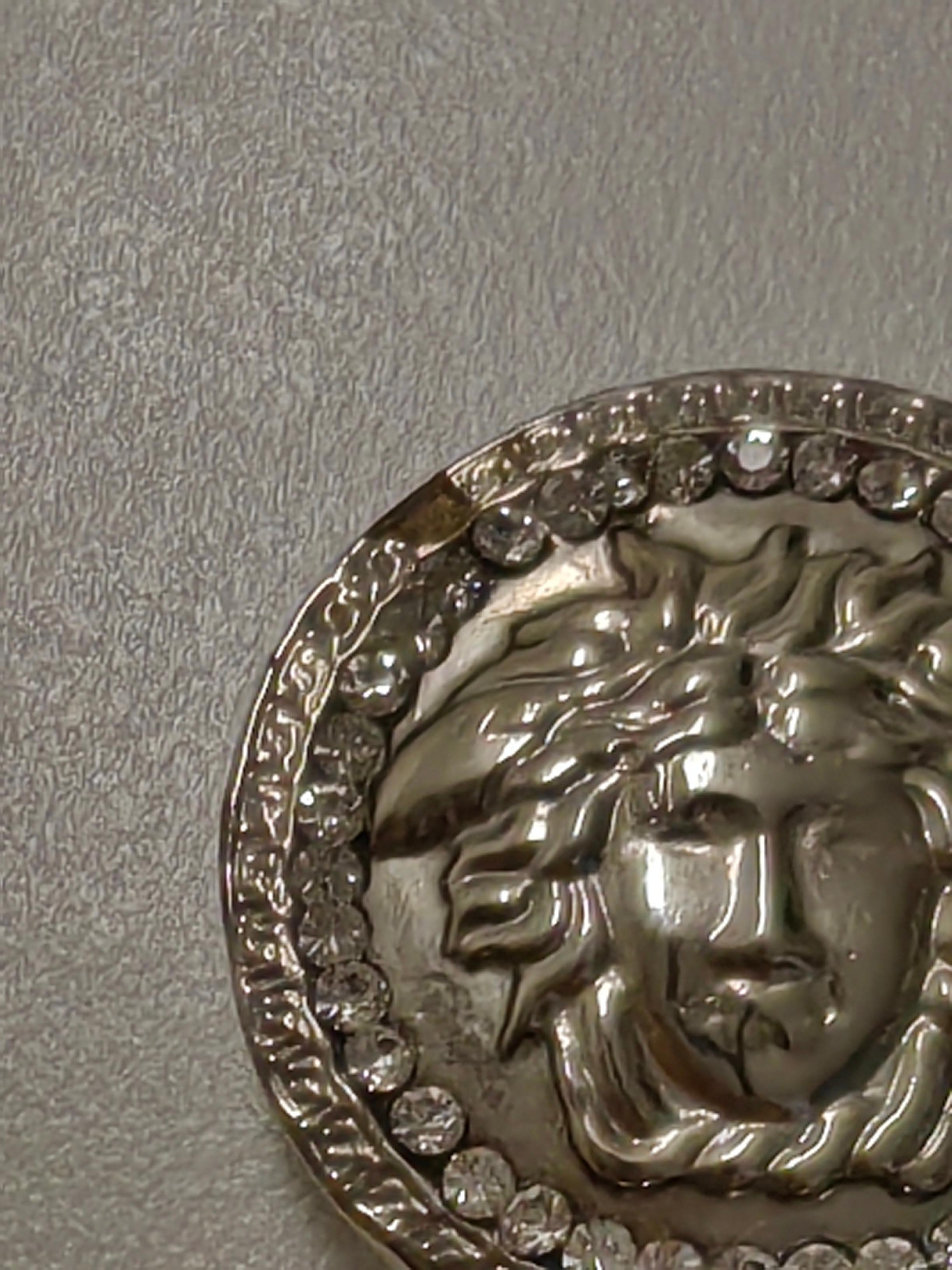 Round Cut Versace Medusa Silver Metal Coin with Rhinestones For Sale