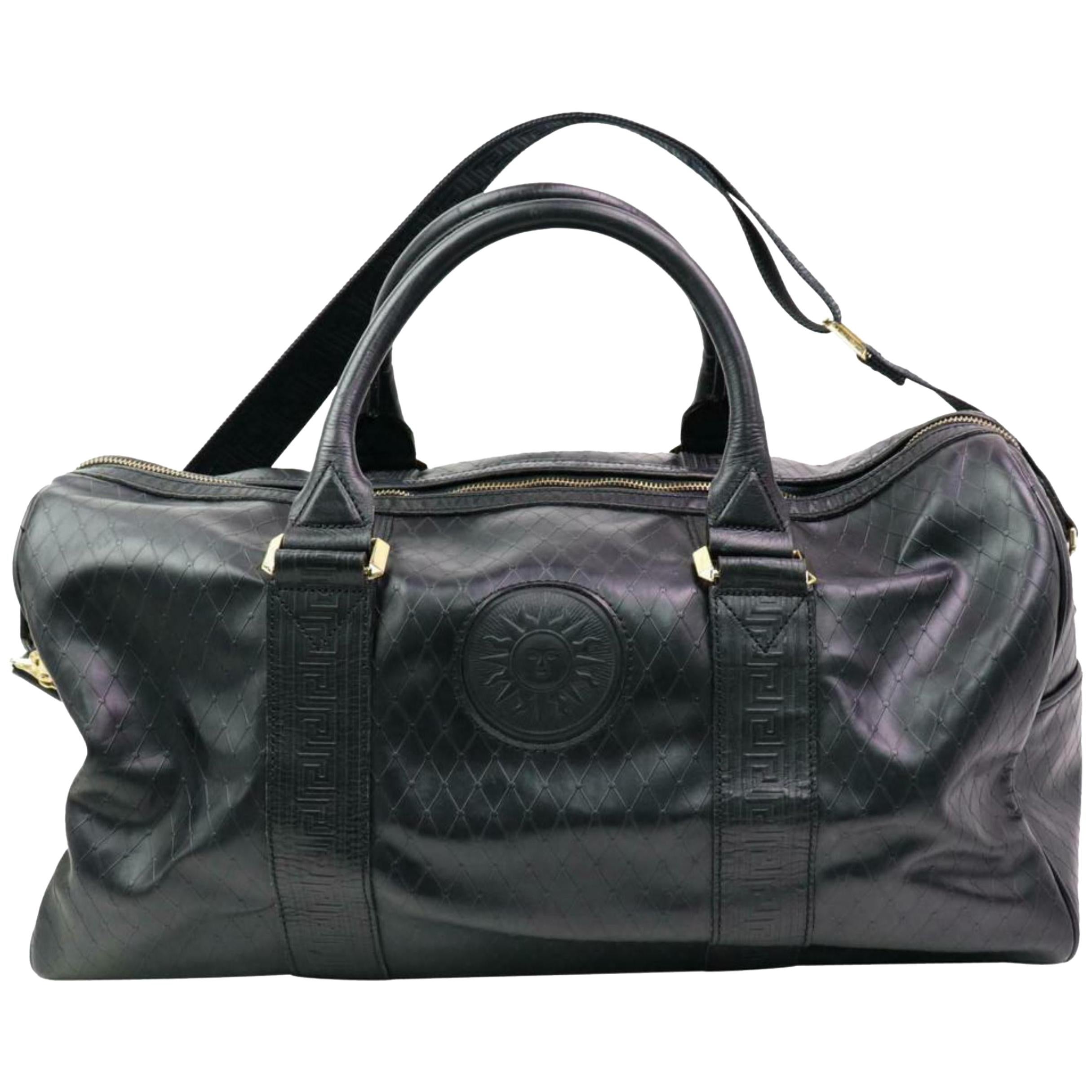 Versace Medusa Sun Quilted with Strap 870332 Black Patent Leather Travel Bag For Sale