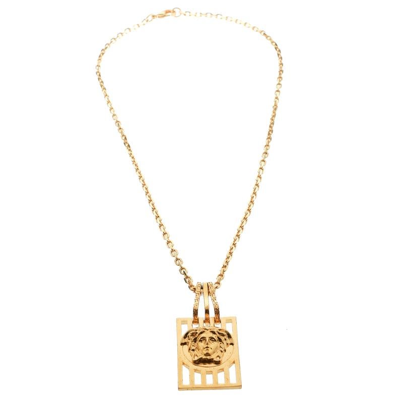 Contemporary Versace Medusa Tag Gold Tone Pendant Necklace