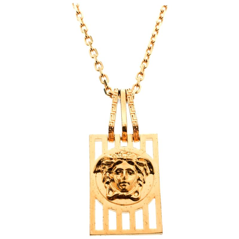 Versace Medusa Tag Gold Tone Pendant Necklace