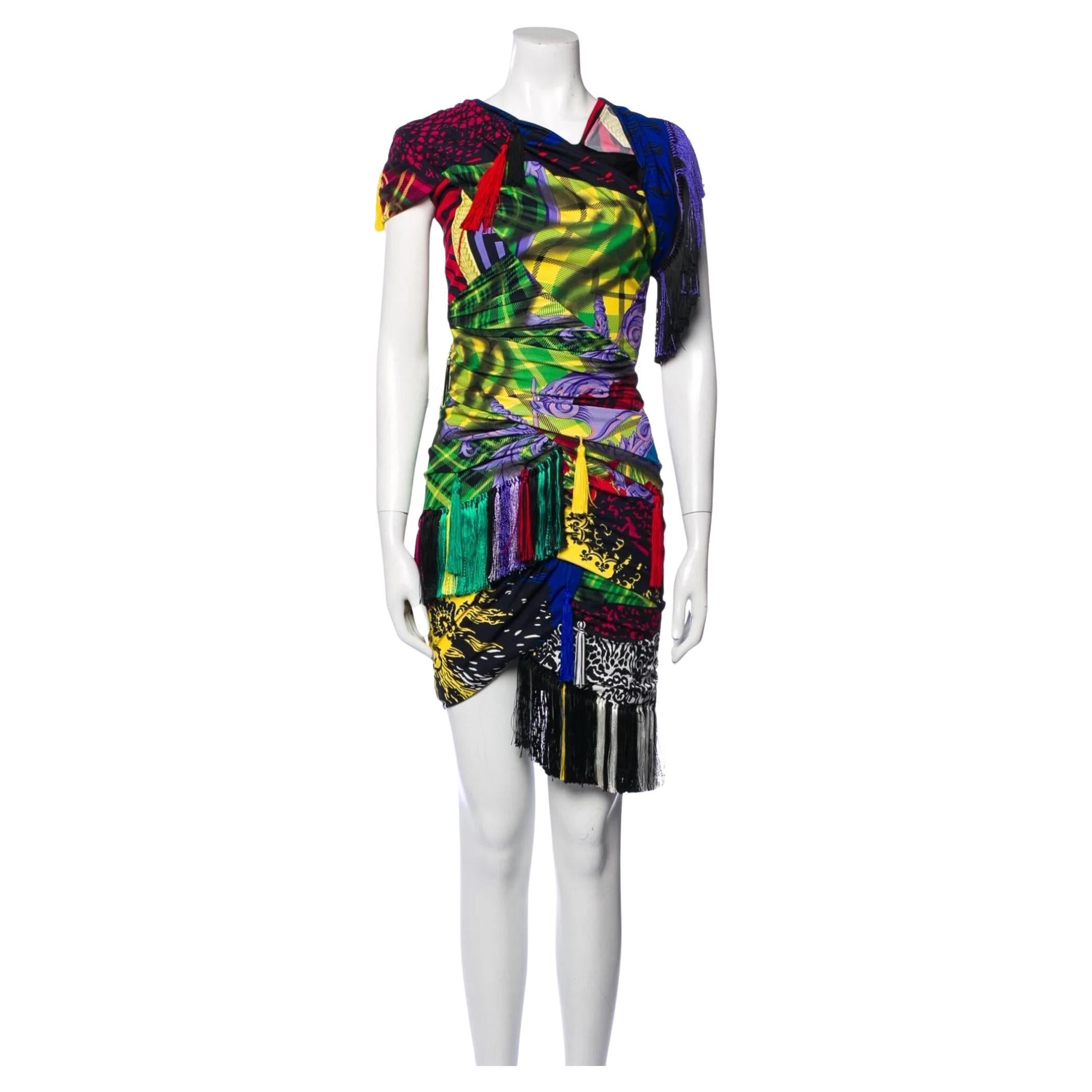 Versace Mega Mix Sheath Printed Fringe Mini Dress (XS  US2)