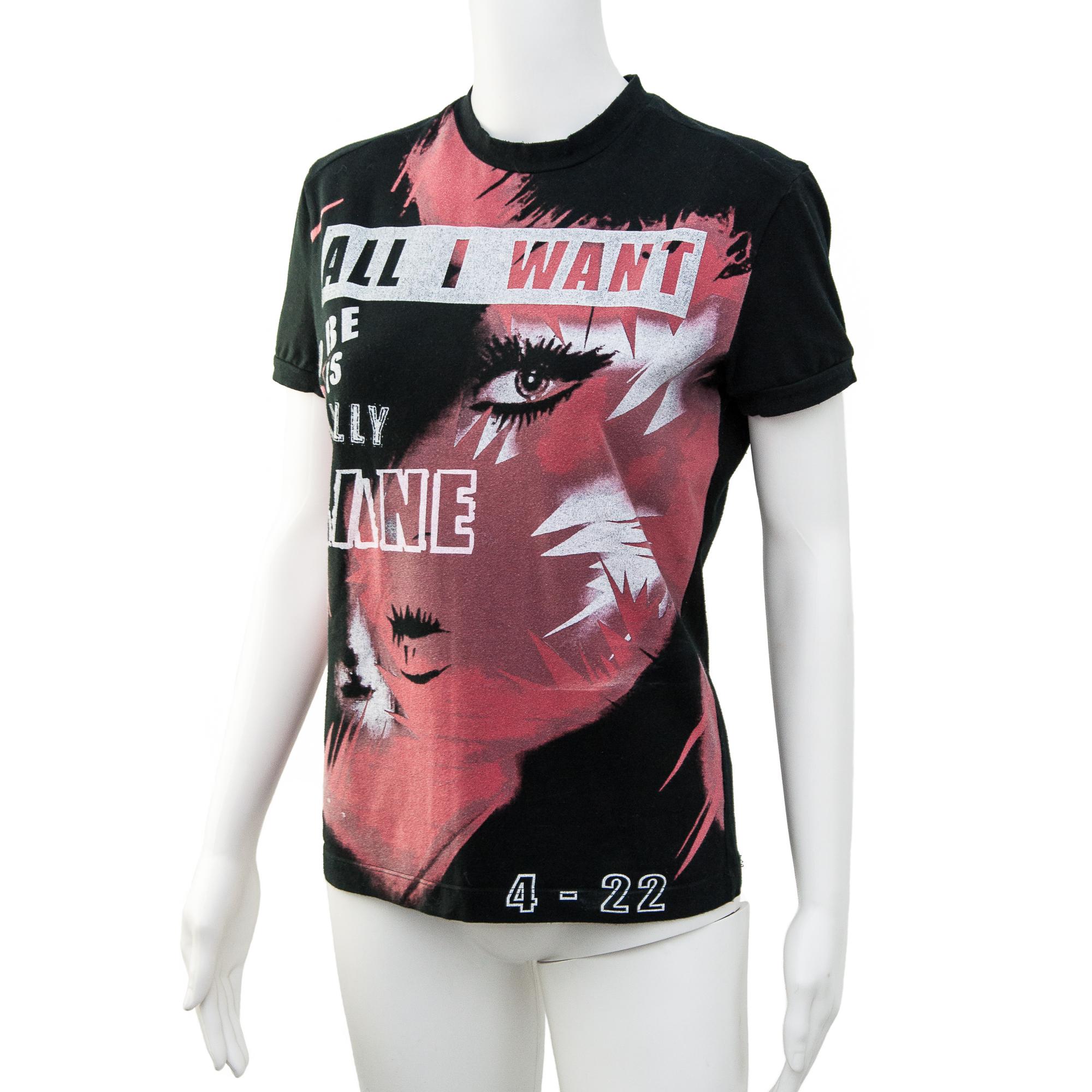 Ruder Than The Rest presents: Donatella Versace T-shirt from the autumn-winter 2004 collection.

Pop art design using a portrait image of Donatella Versace with text design over the top reading 'All I want to be is normally insane'.

Embroidered