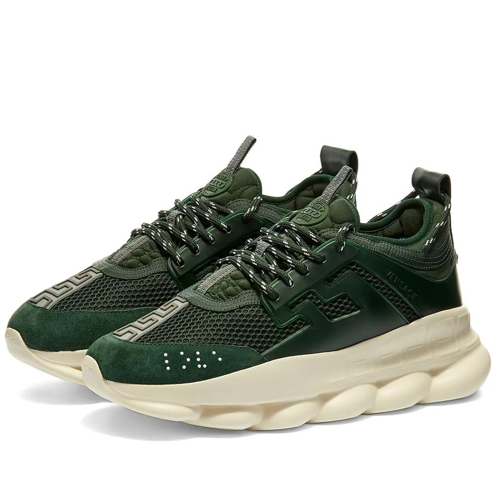 Versace Mens Dark Green Chain Reaction Sneaker 

A must have for any Versace fan, the ‘Chain Reaction’ sneaker embodies all elements of the brand’s DNA. Introduced in seaweed green, this next-level shoe style boasts a multi-dimensional silhouette,